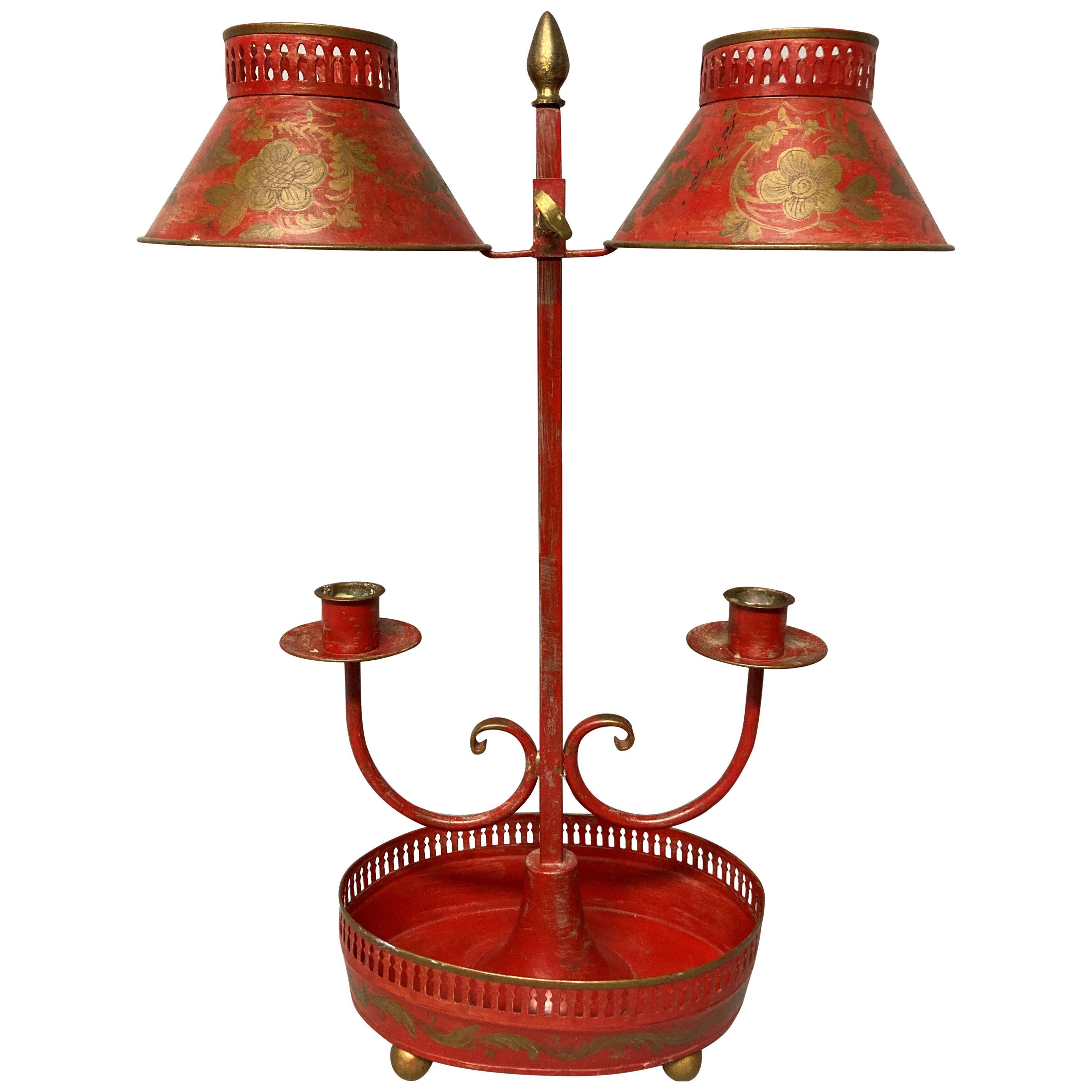 A FRENCH SCARLET PAINTED TOLE DESK LAMP
