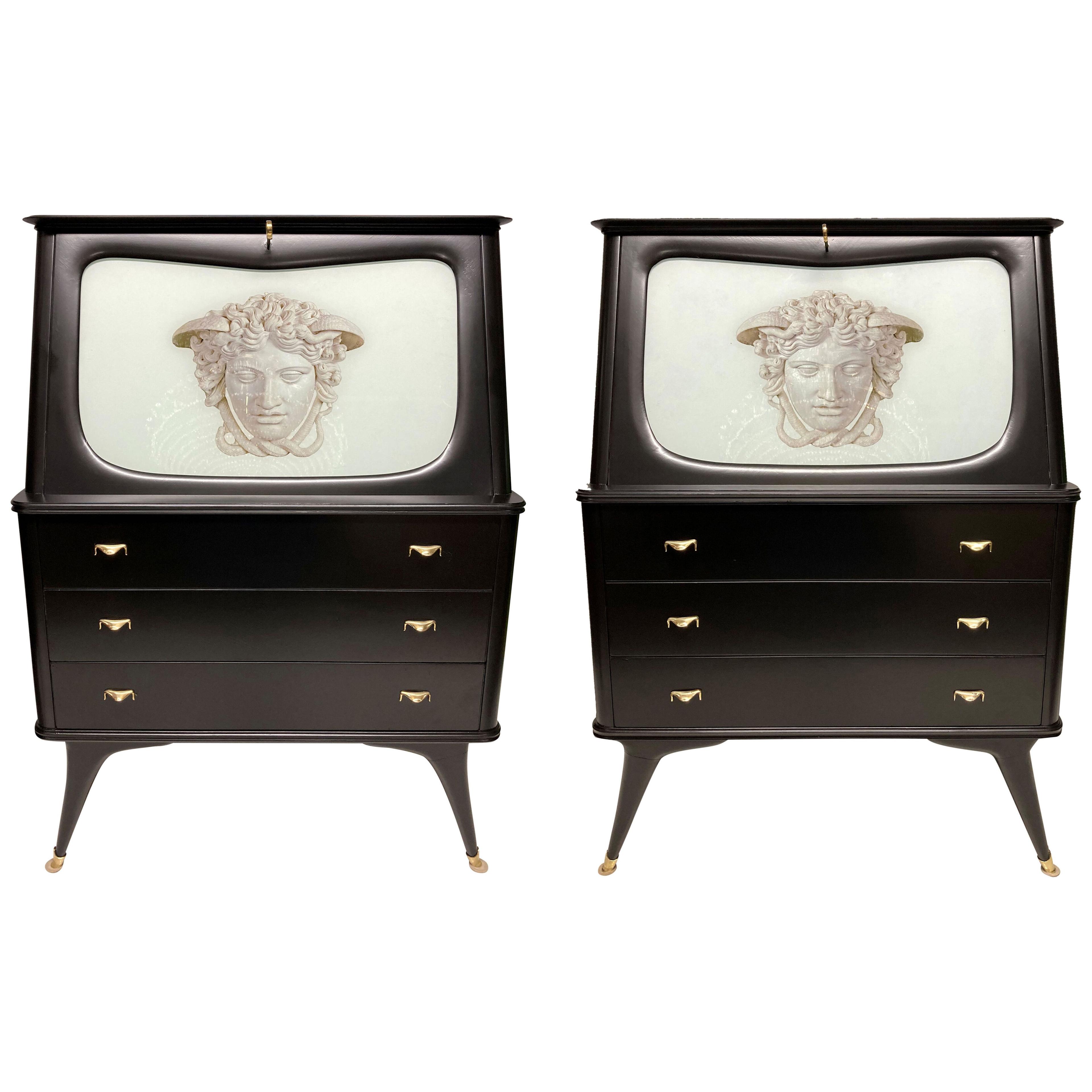 A PAIR OF BLACK LACQUERED MID-CENTURY SECRETAIRES BY PAOLO BUFFA