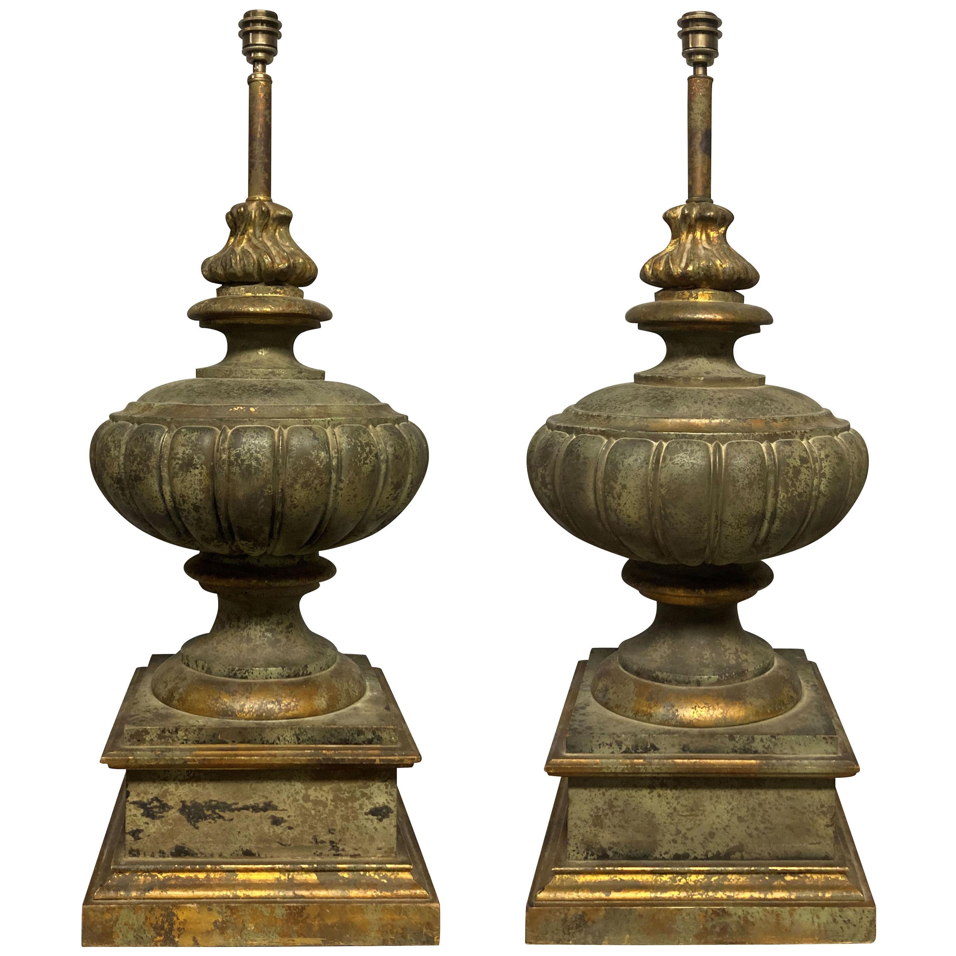 A PAIR OF LARGE FAUX BRONZE CLASSICAL URN LAMPS