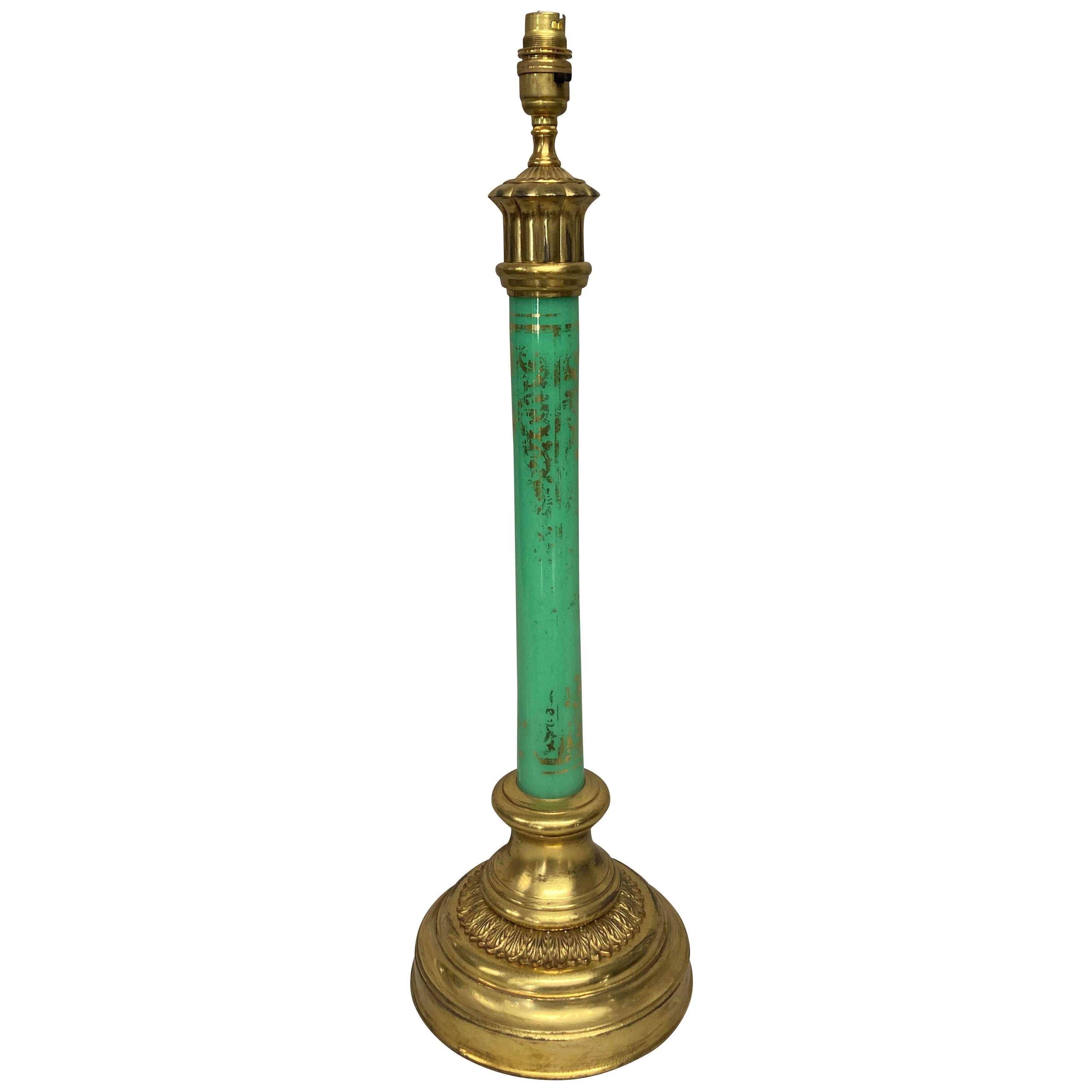 AN ITALIAN EGLOMISE LAMP IN MINT GREEN GLASS