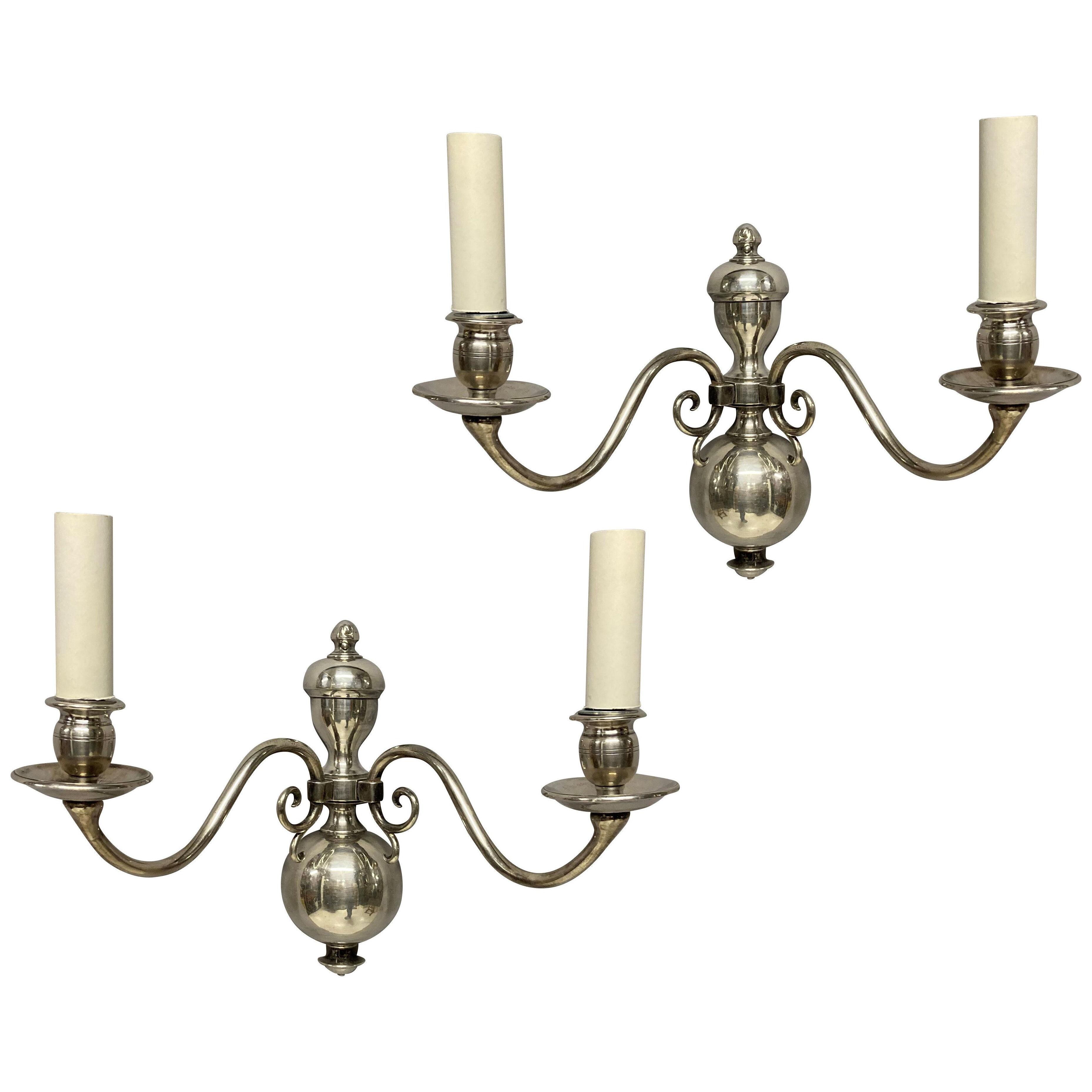 A PAIR OF ENGLISH SILVER PLATED TWIN BRANCH WALL LIGHTS