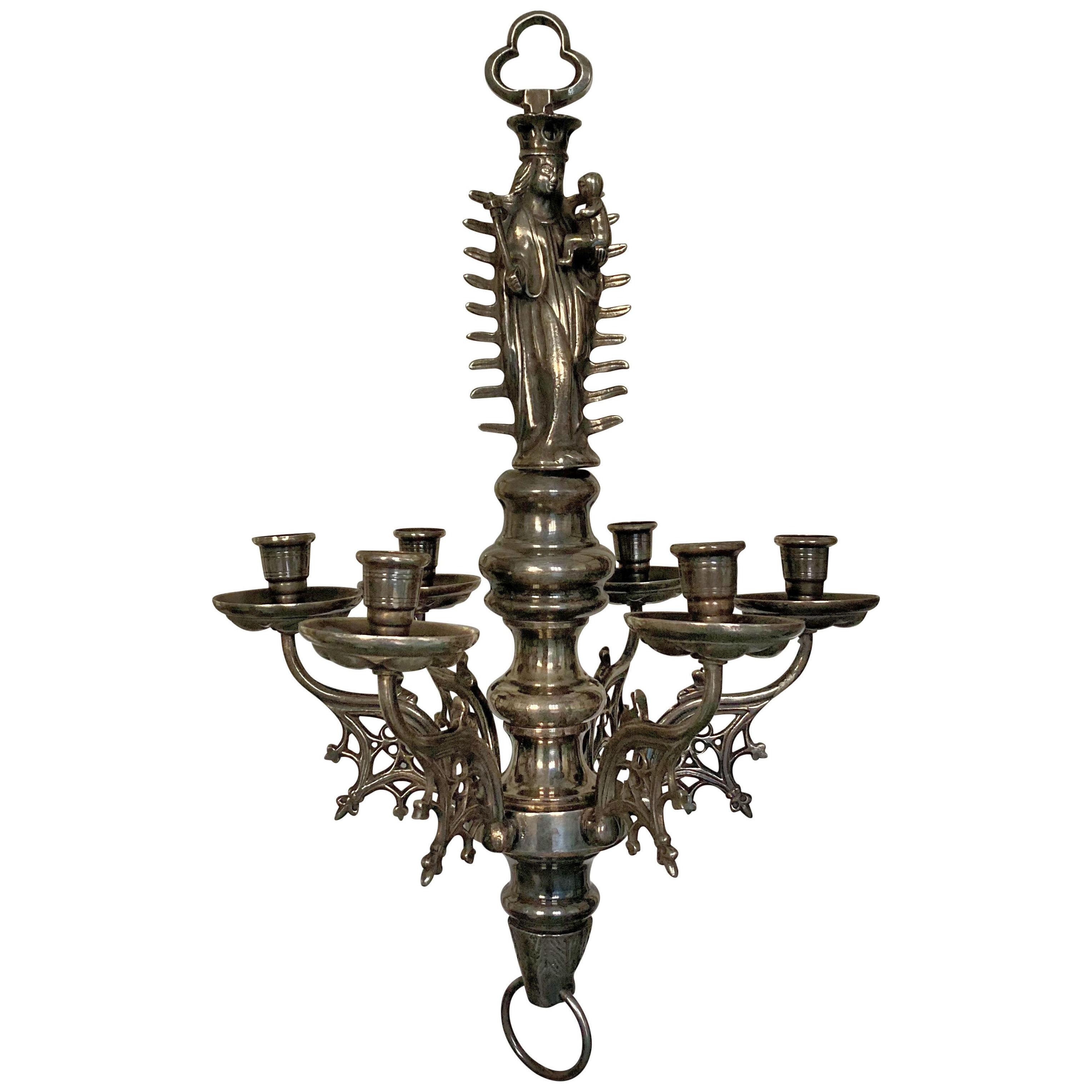 A FLEMISH GOTHIC SILVER PLATED CHANDELIER