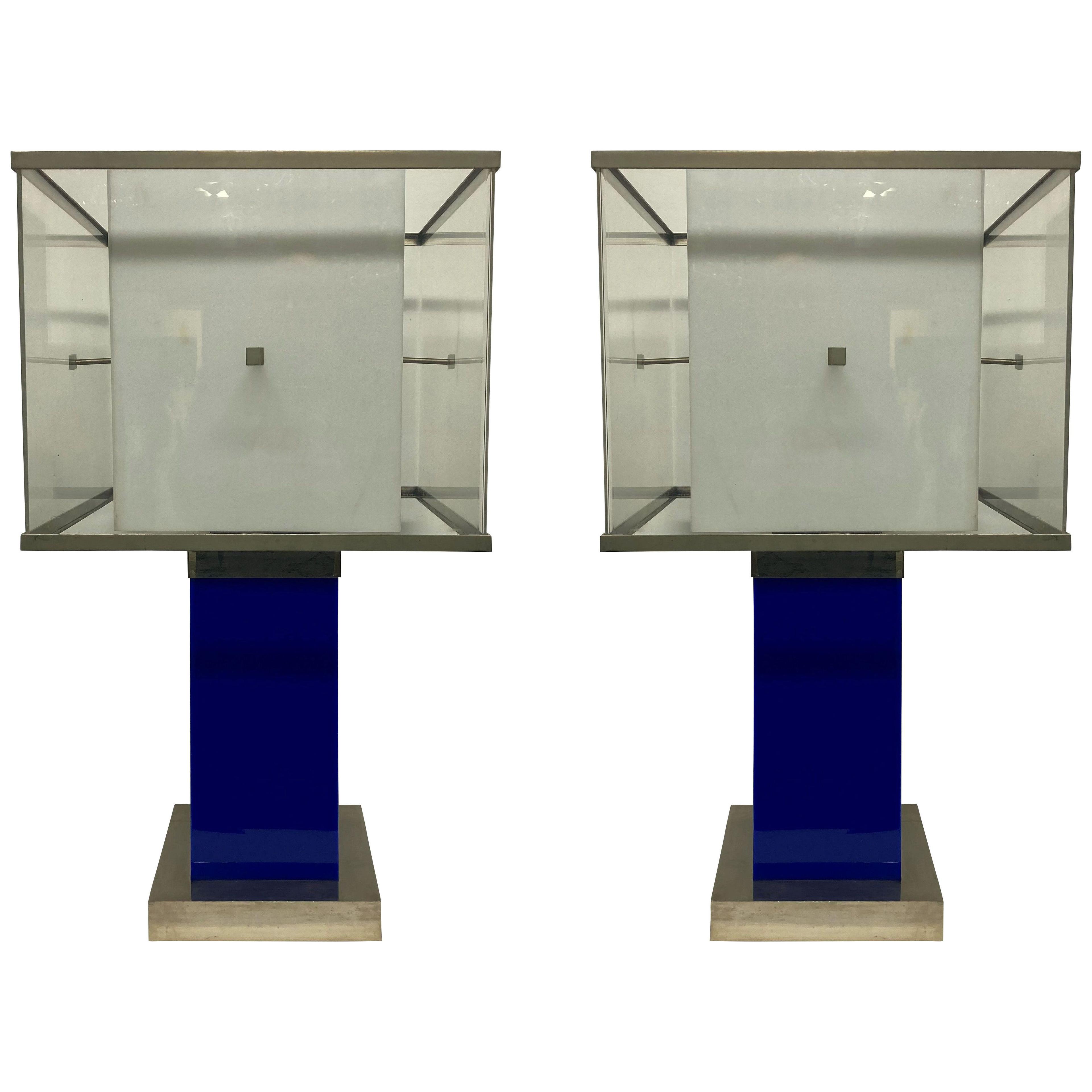 A PAIR OF LARGE ITALIAN MID-CENTURY ACRYLIC & CHROME LAMPS IN COBALT BLUE