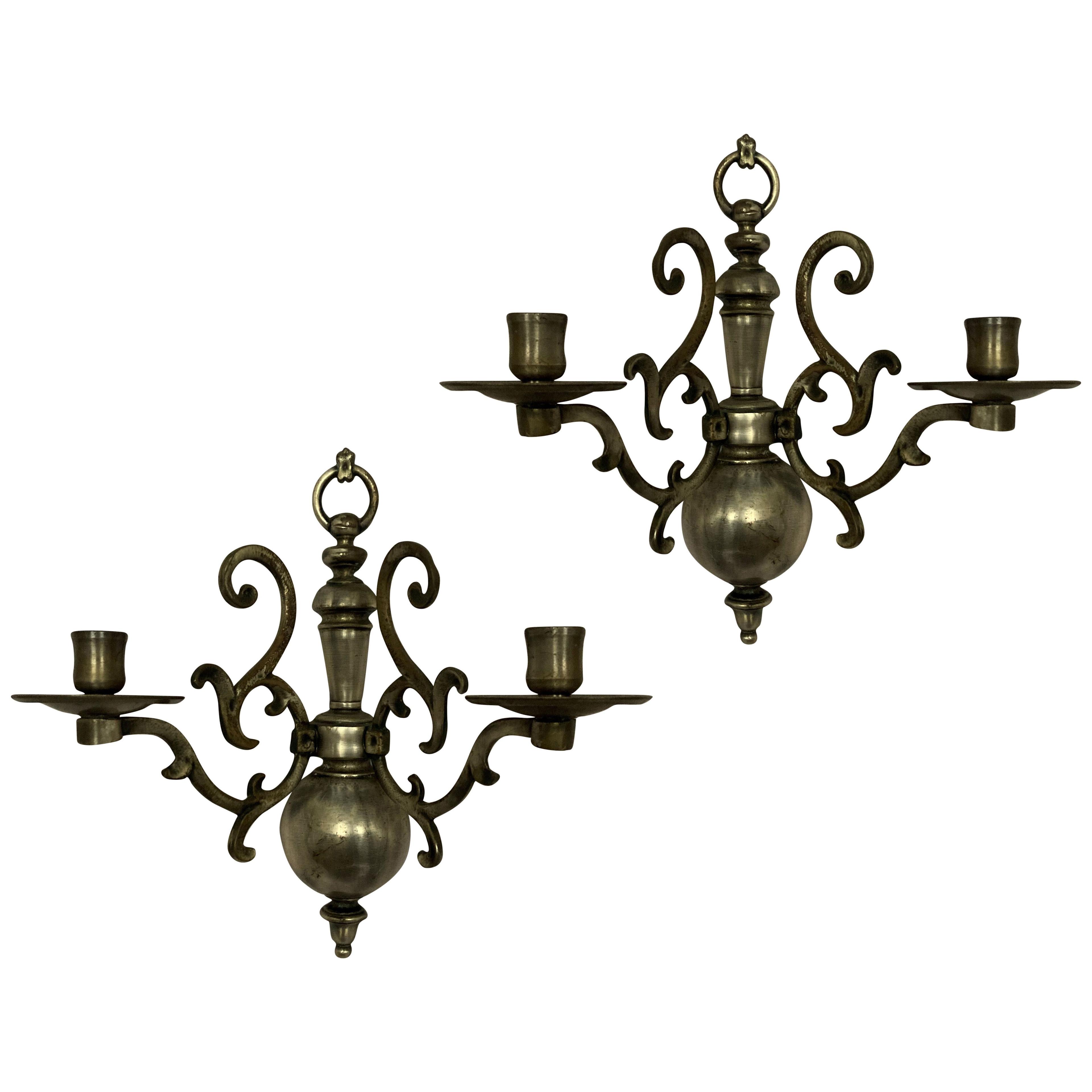 A PAIR OF FLEMISH SILVER PLATED WALL SCONCES