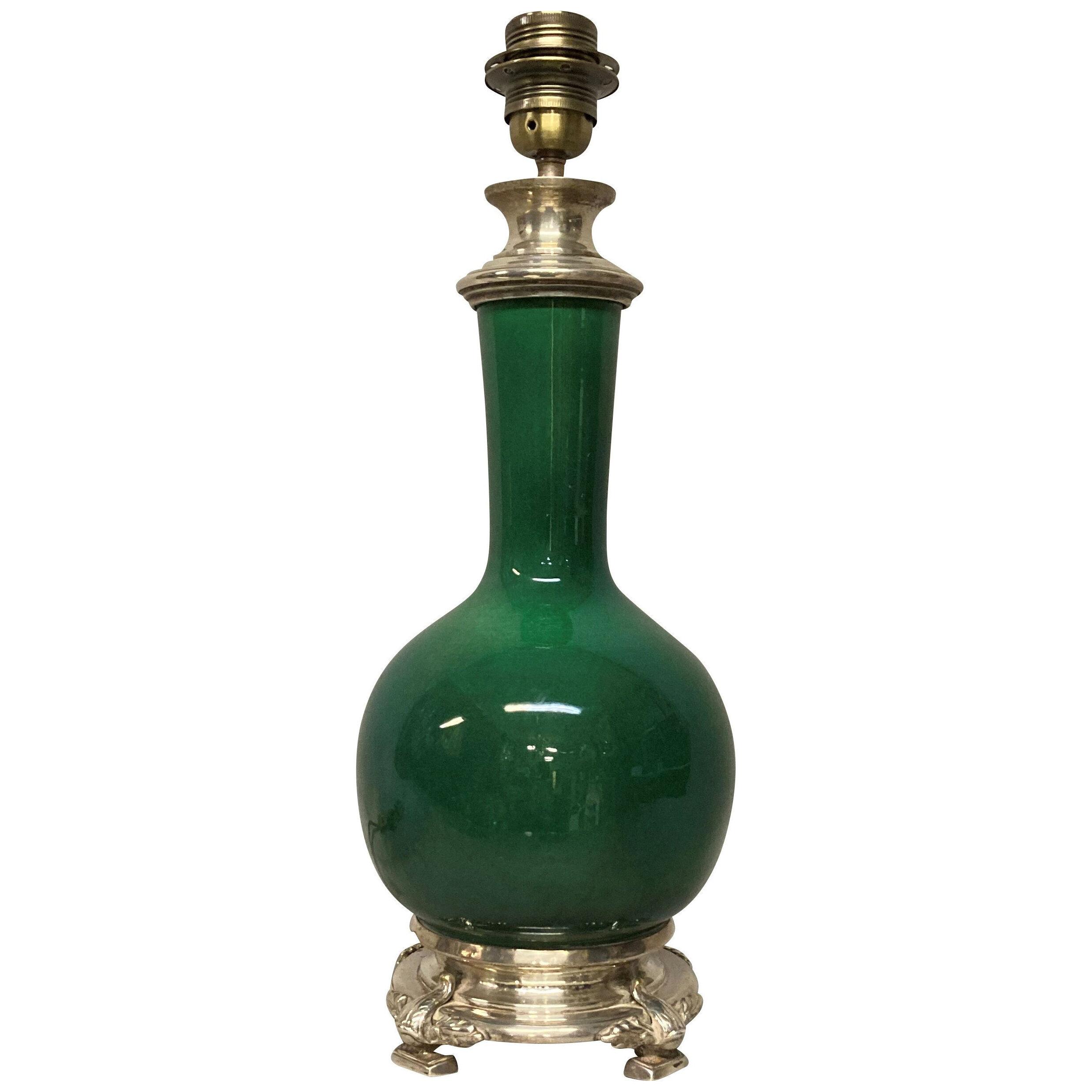 A FRENCH EMERALD GLAZED & SILVER PLATED VASE LAMP