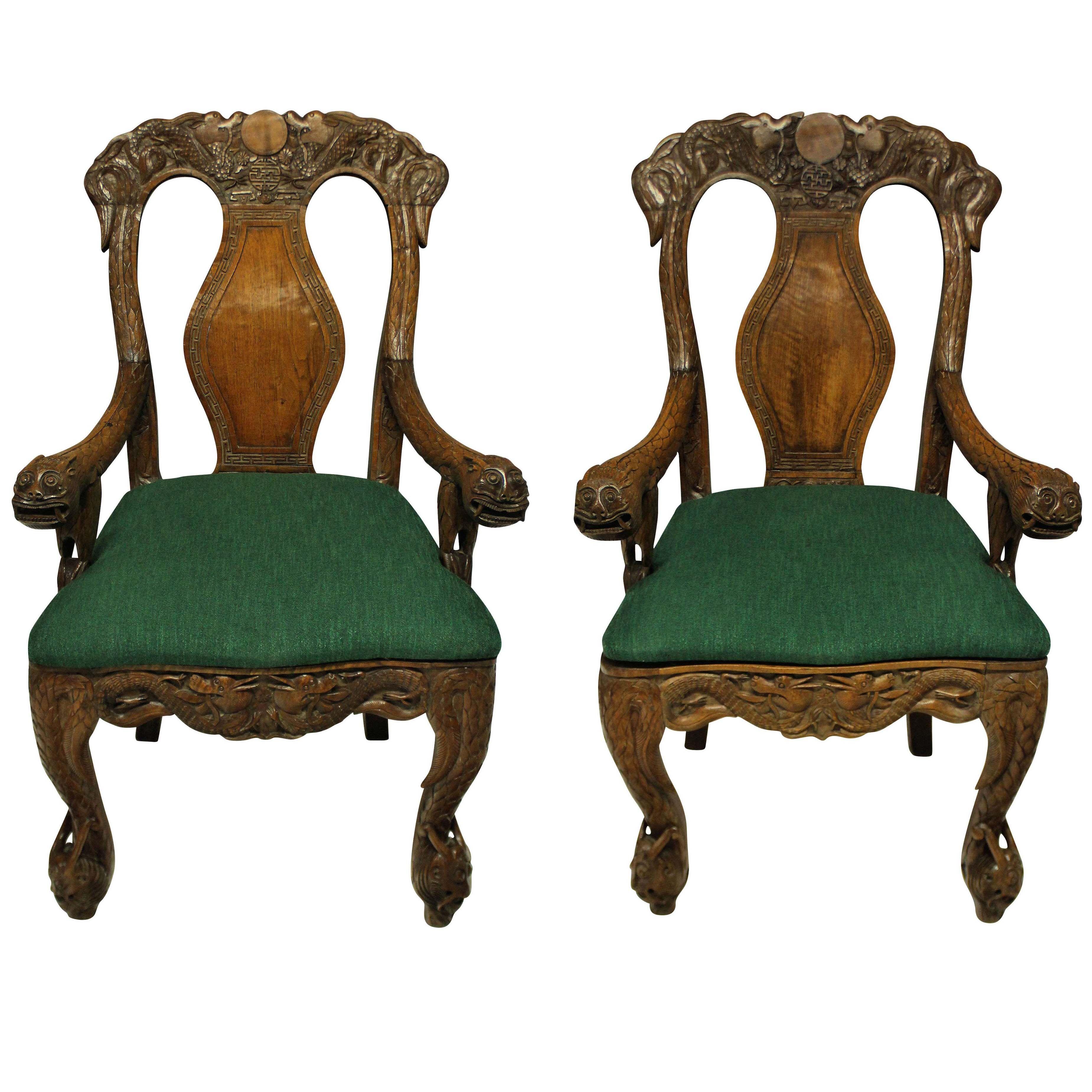 A PAIR OF FINELY CARVED XIX CENTURY CHINESE ARMCHAIRS