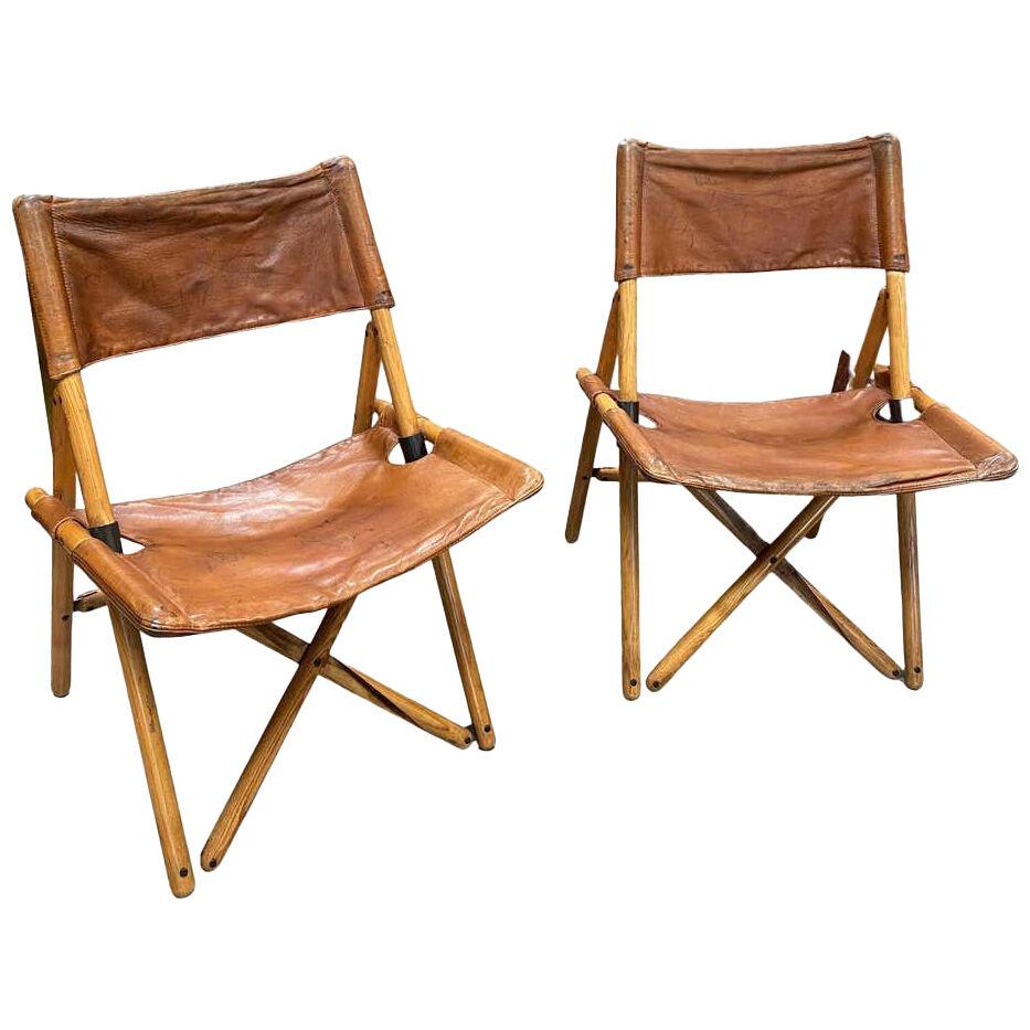 Set of 2 Italian Vintage Leather and Wood Side Chairs, 1965