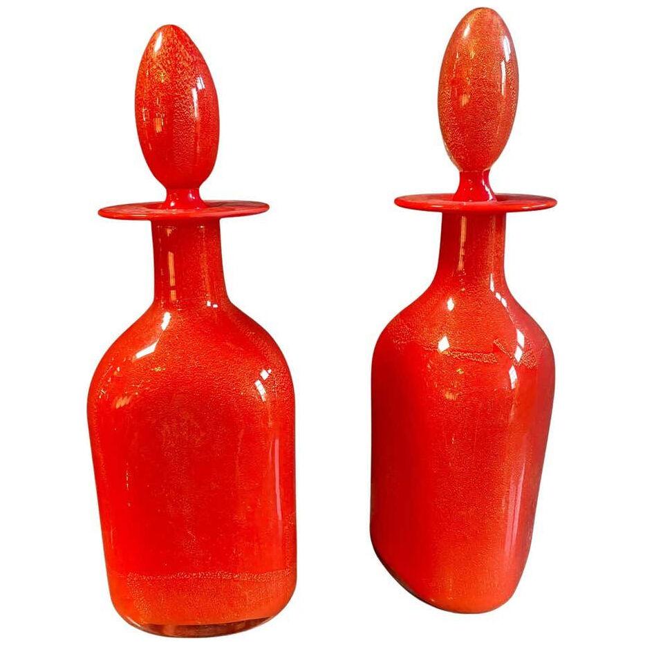 Pair of 2 Vintage Glass Red Decanters, 1960s
