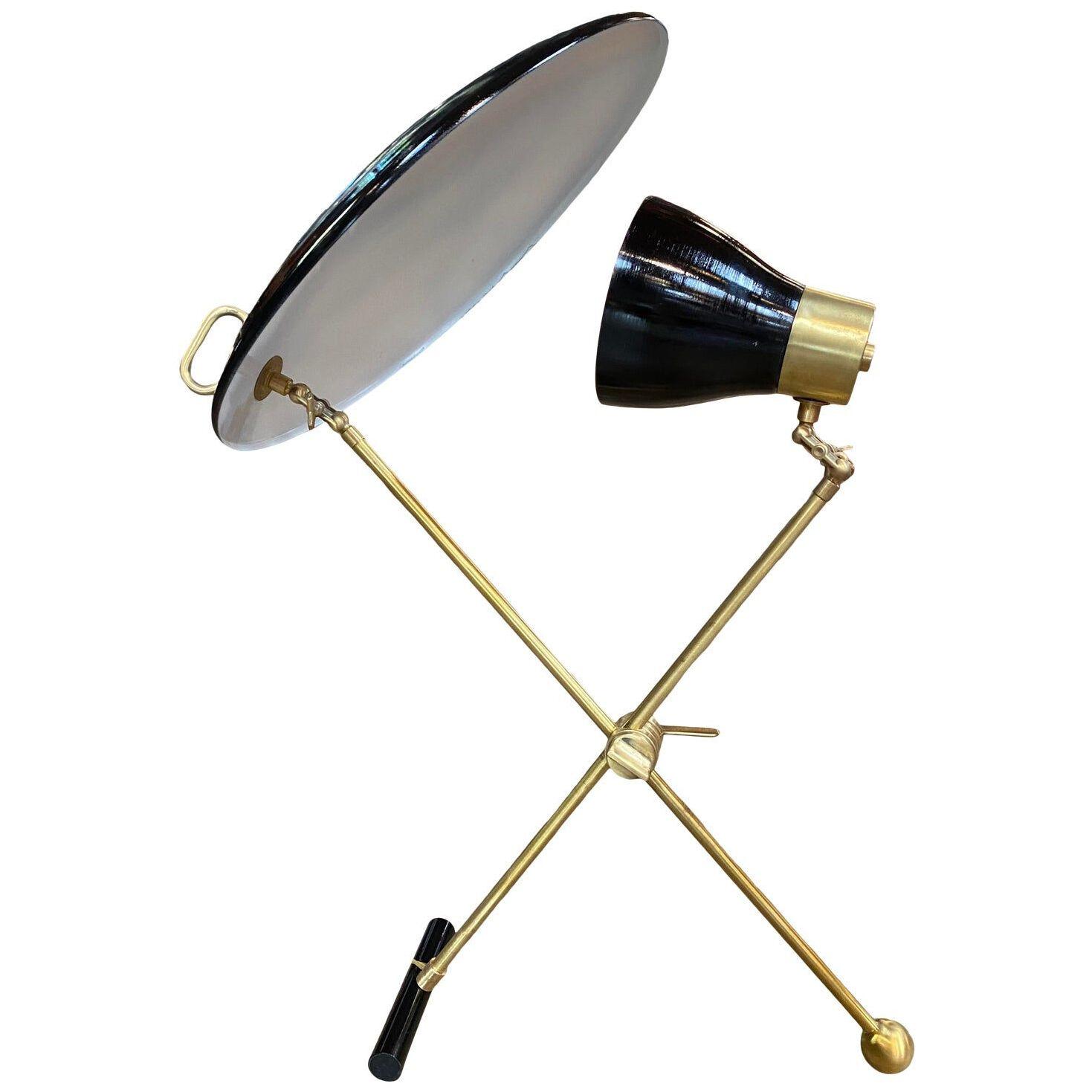 Italian Midcentury Brass and Metal Double Shade Table Lamp, 1950s