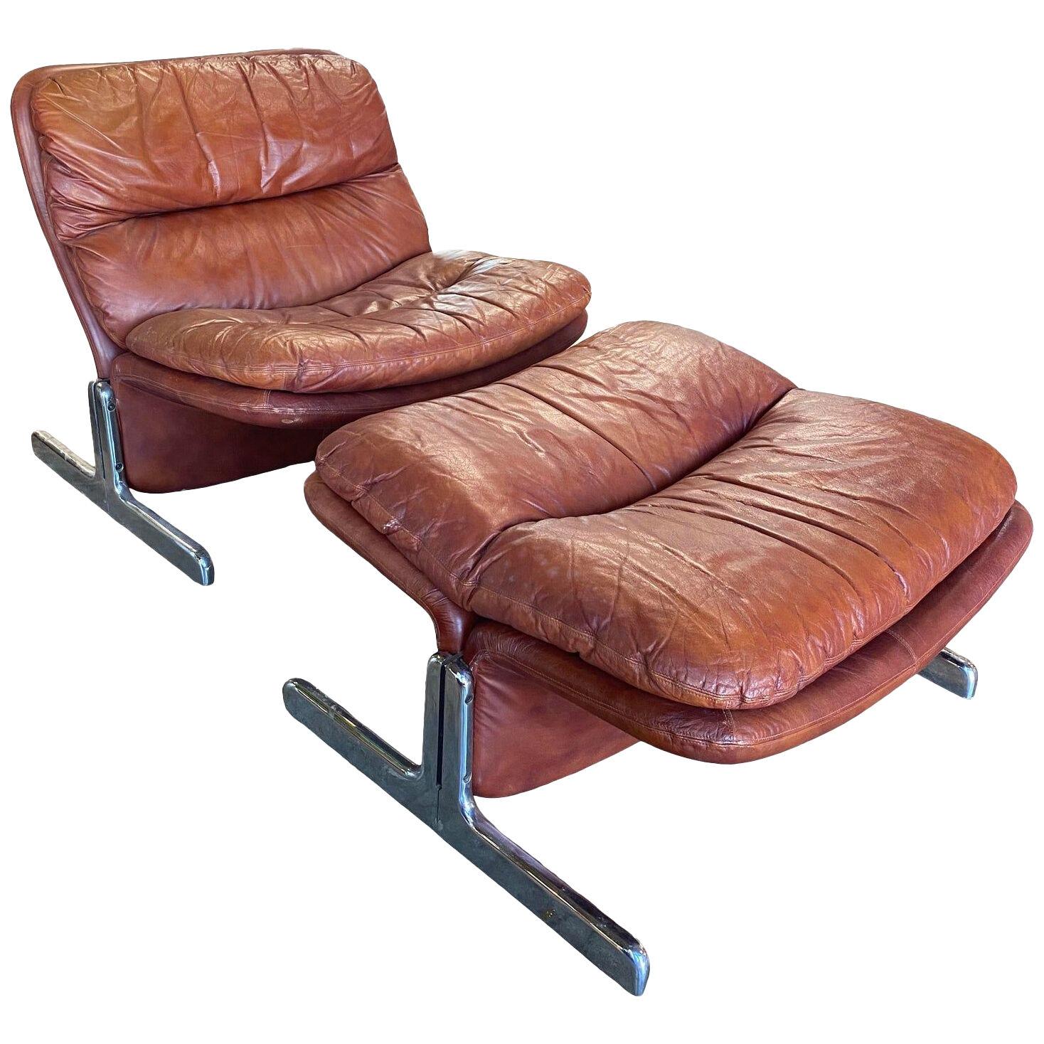 970s Sleek Leather Lounge Chair & Ottoman Tittina Ammannati & Vitelli - ITALY