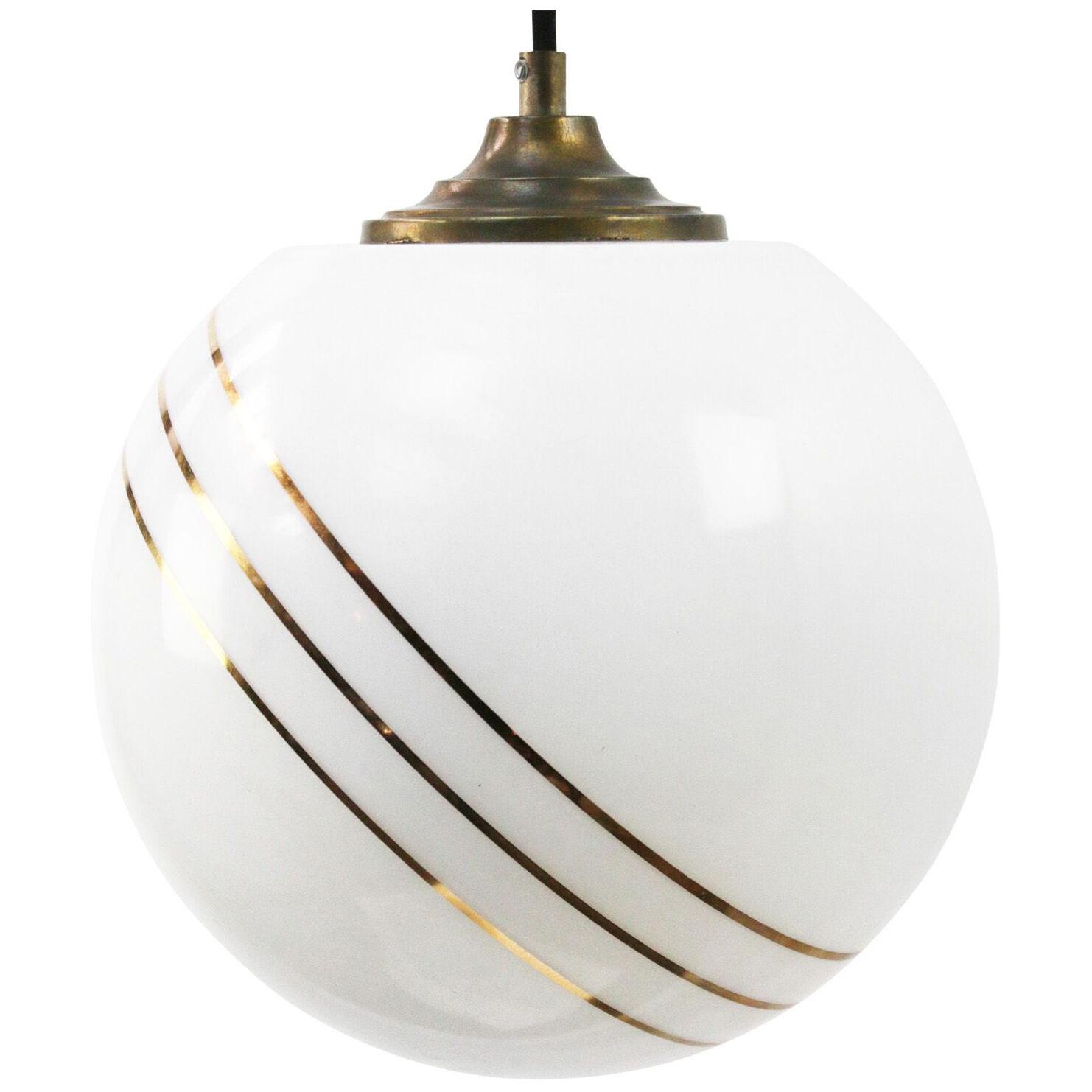 Opaline Glass Gold Striped Vintage European Globe Brass Top Pendant Lights