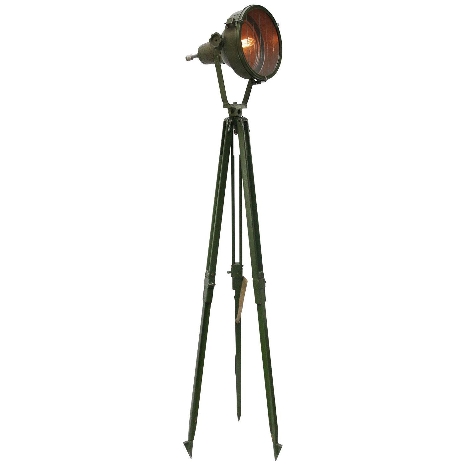 Wooden Tripod Green Metal Vintage Industrial Glass Spot Light Floor Lamp