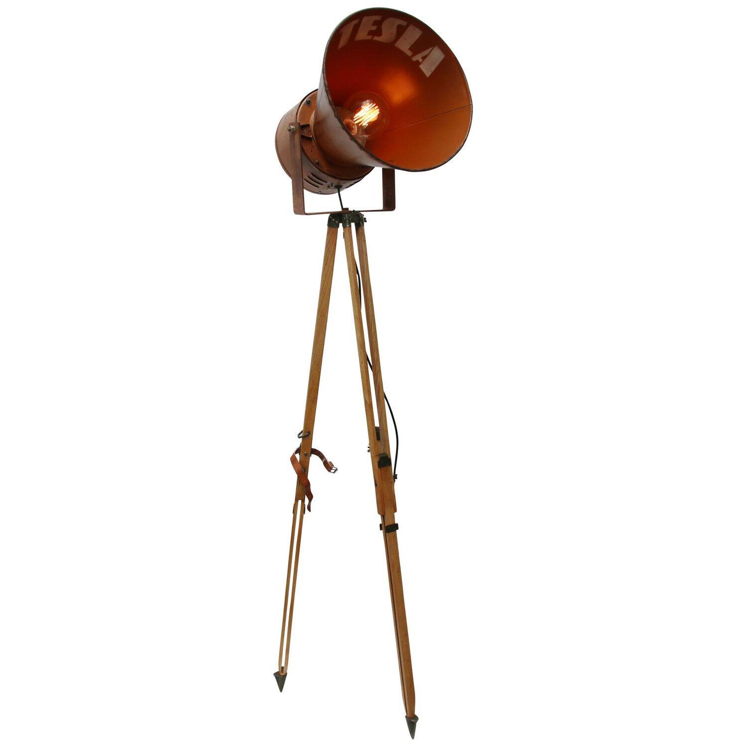 Wooden Tripod Brown Metal Vintage Industrial Spot Light Floor Lamp