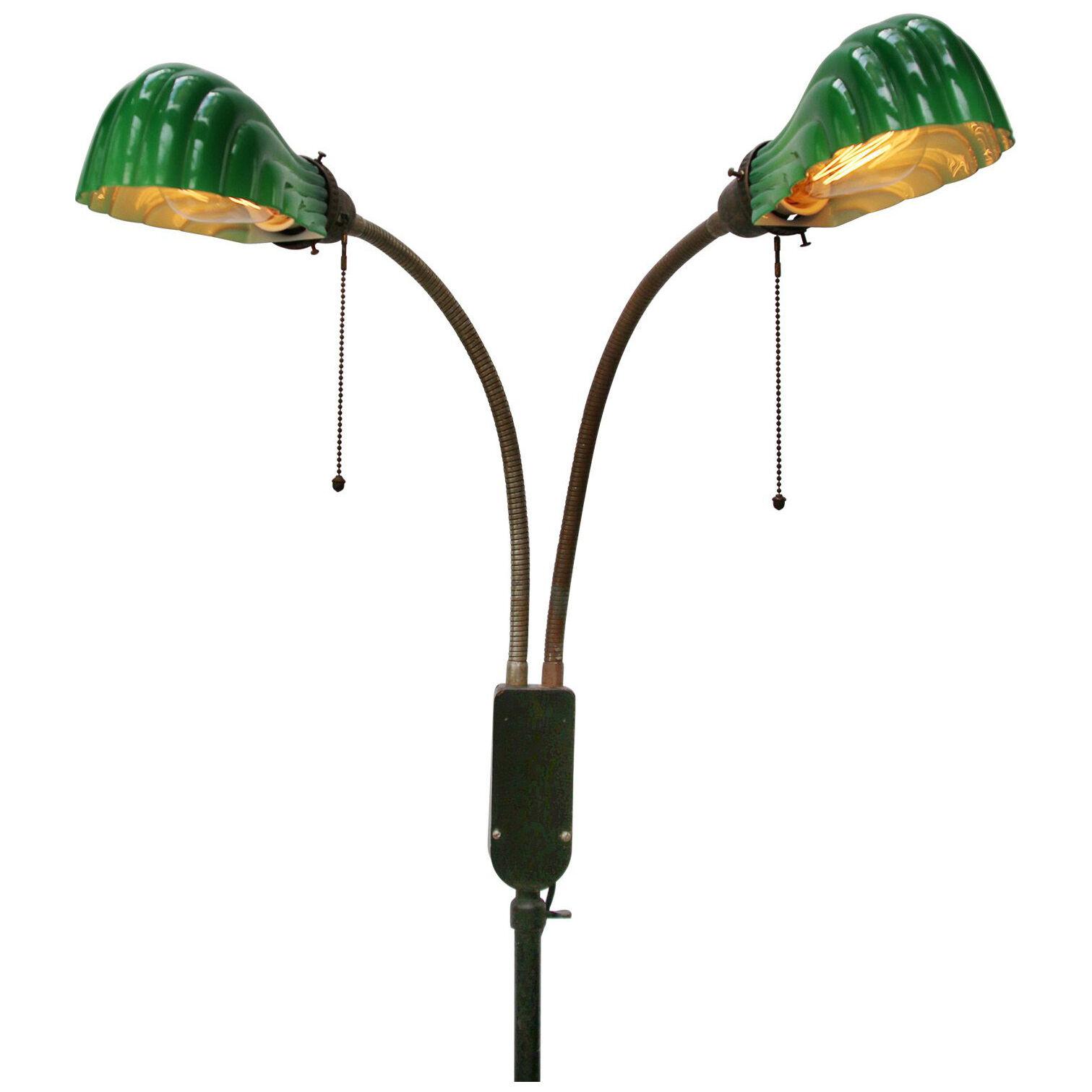 Vintage American Cast Iron Double green glass floor lamp 