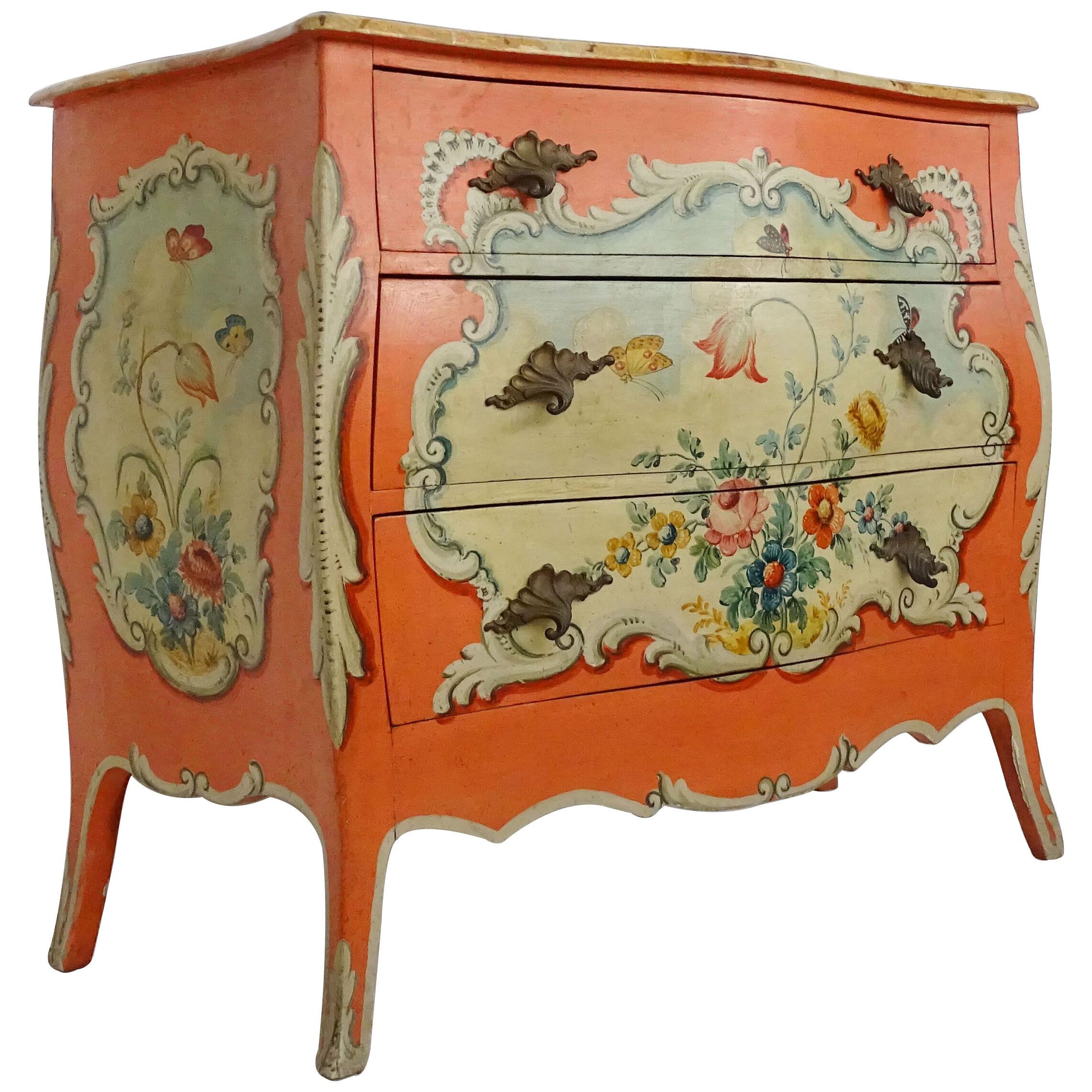 Splendid Italian 1940s Flowers and Butterflies Painted Commode