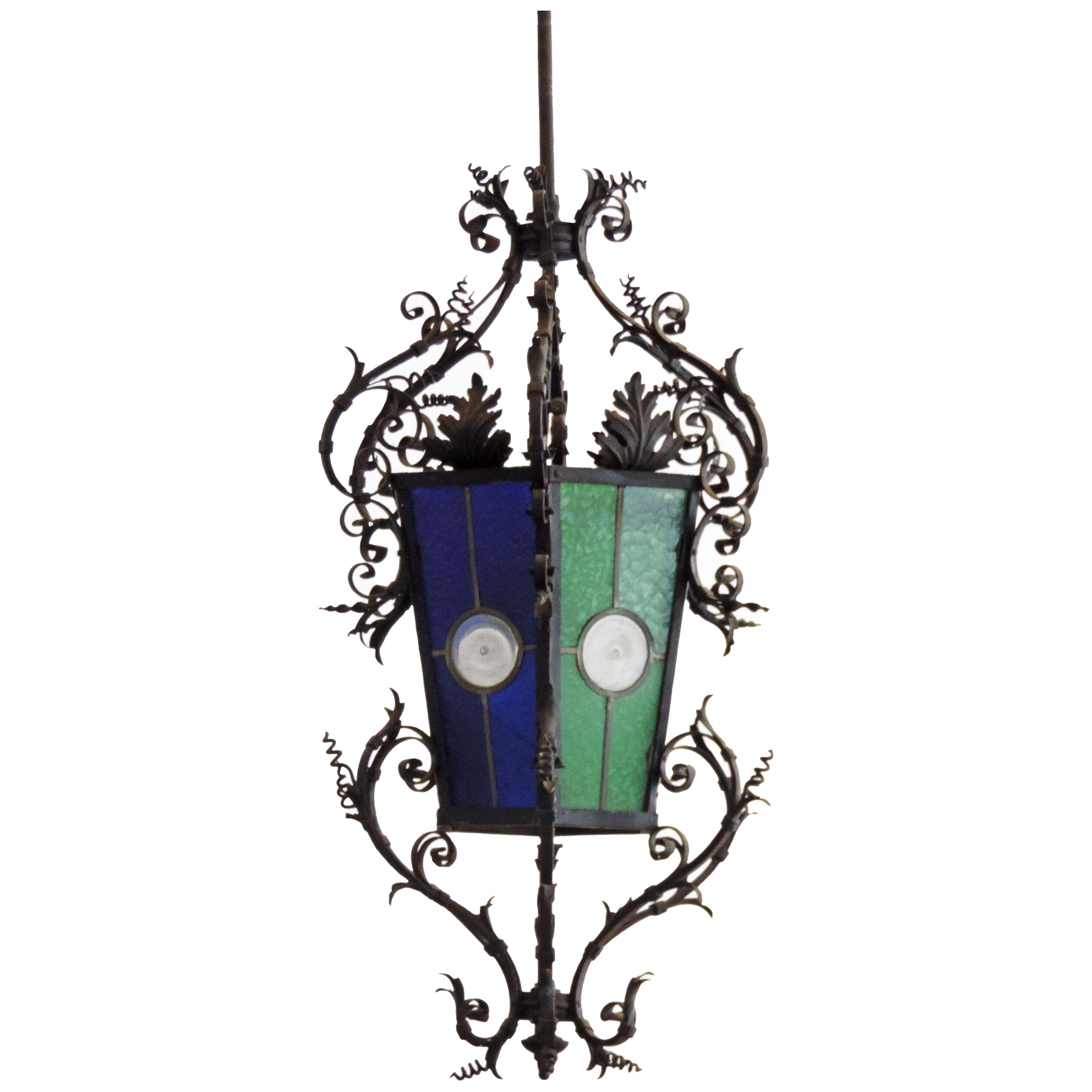 Monumental Italian Lantern in Wrought Iron and Stained Glass