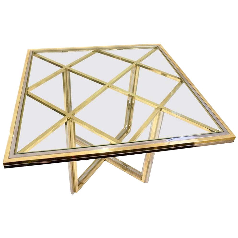 1970s Romeo Rega Italian Geometric Modern Brass & Chrome Vintage Square Table