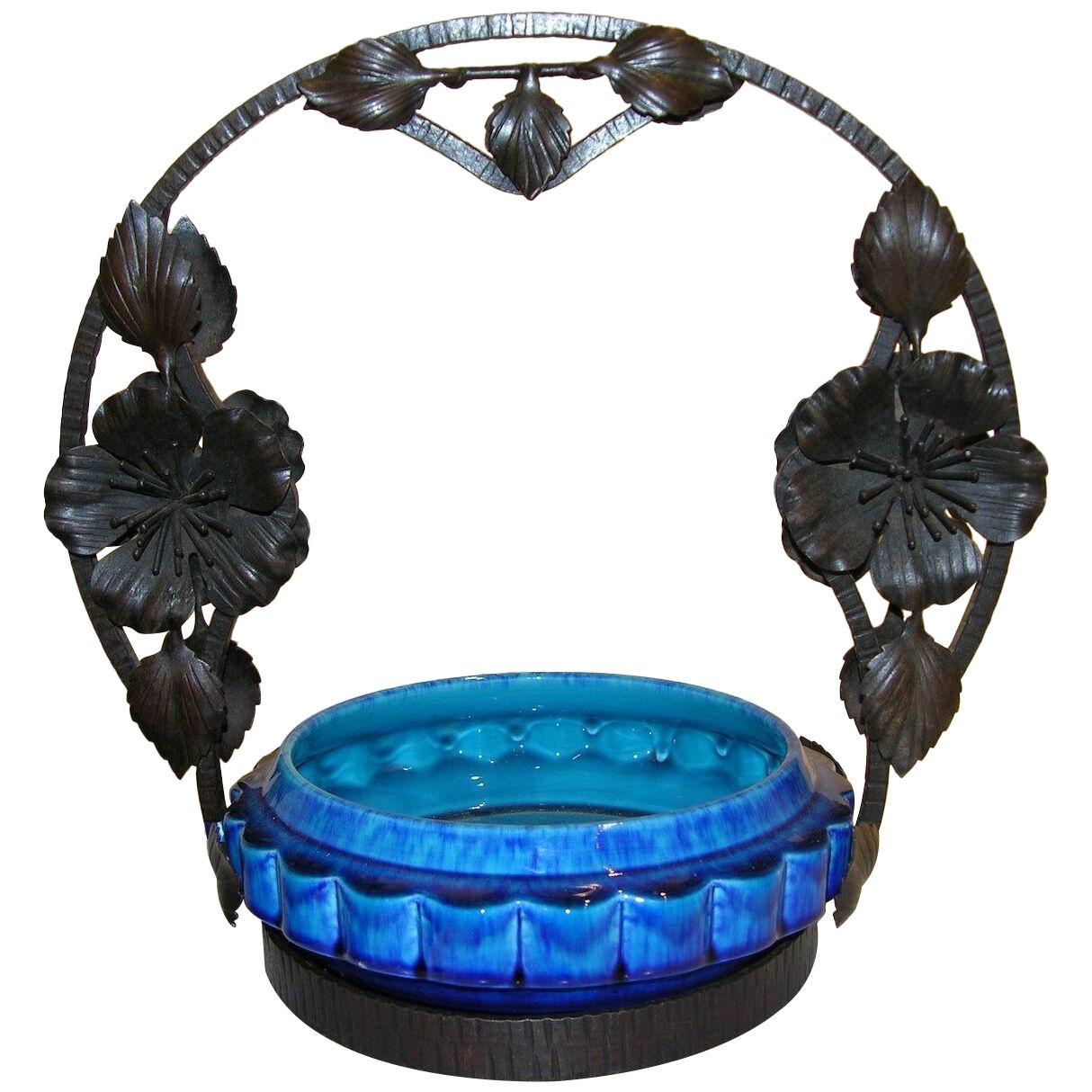 French Art Nouveau Paul Milet Sevres Ceramic Flower Wrought Iron Turquoise Bowl