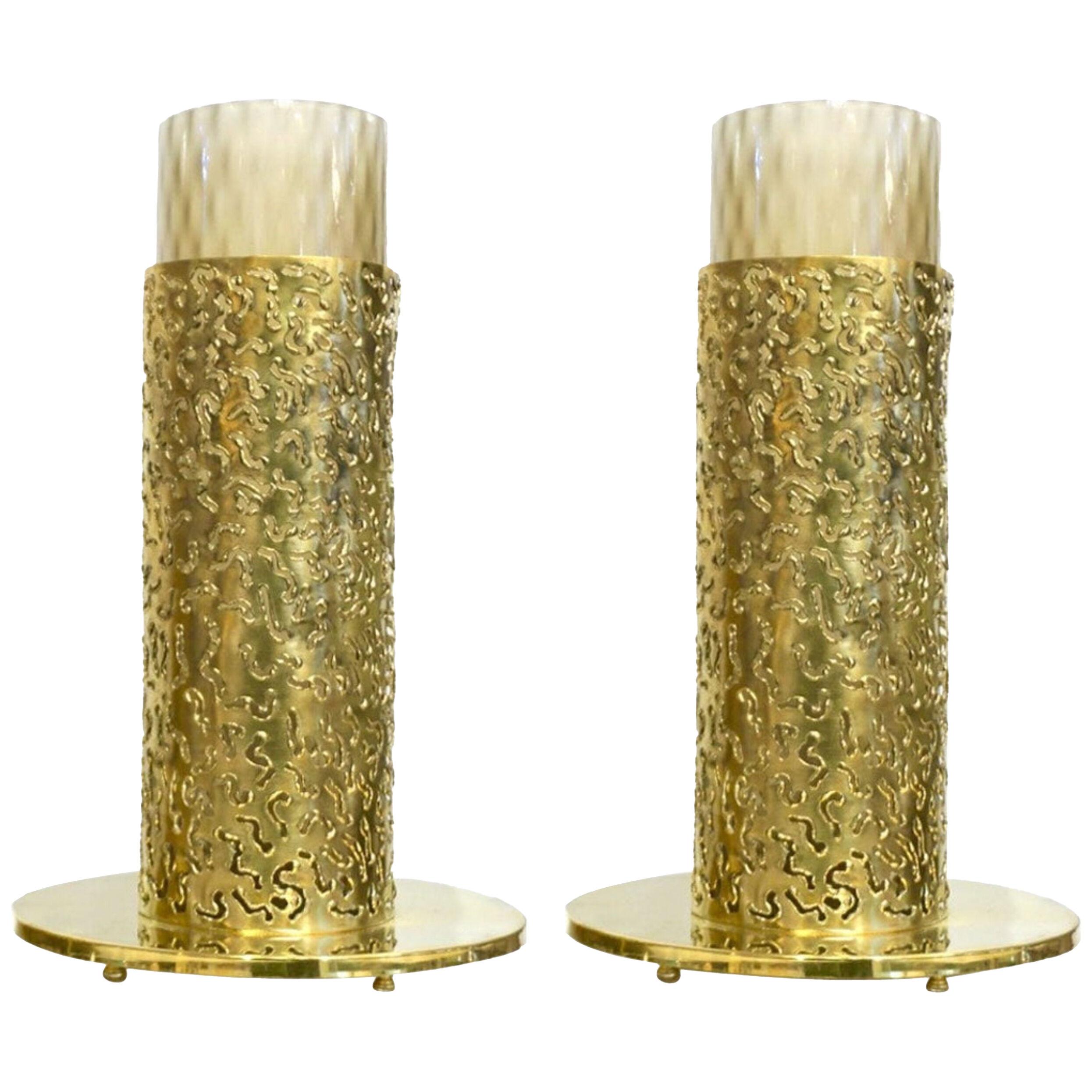 1980 Italian Brutalist Pair of Cream Beige Murano Glass Round Brass Table Lamps