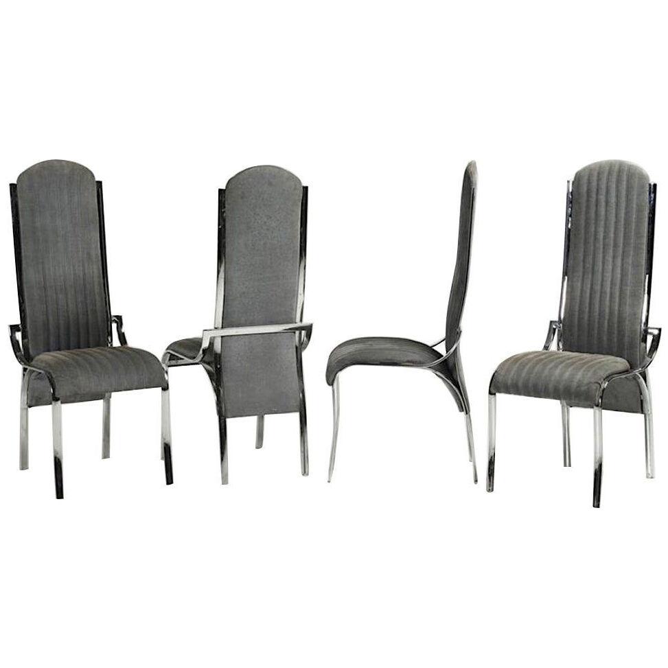 Italian Vintage Four Curved High Back Chrome Chairs in Blue Gray Stitch Fabric