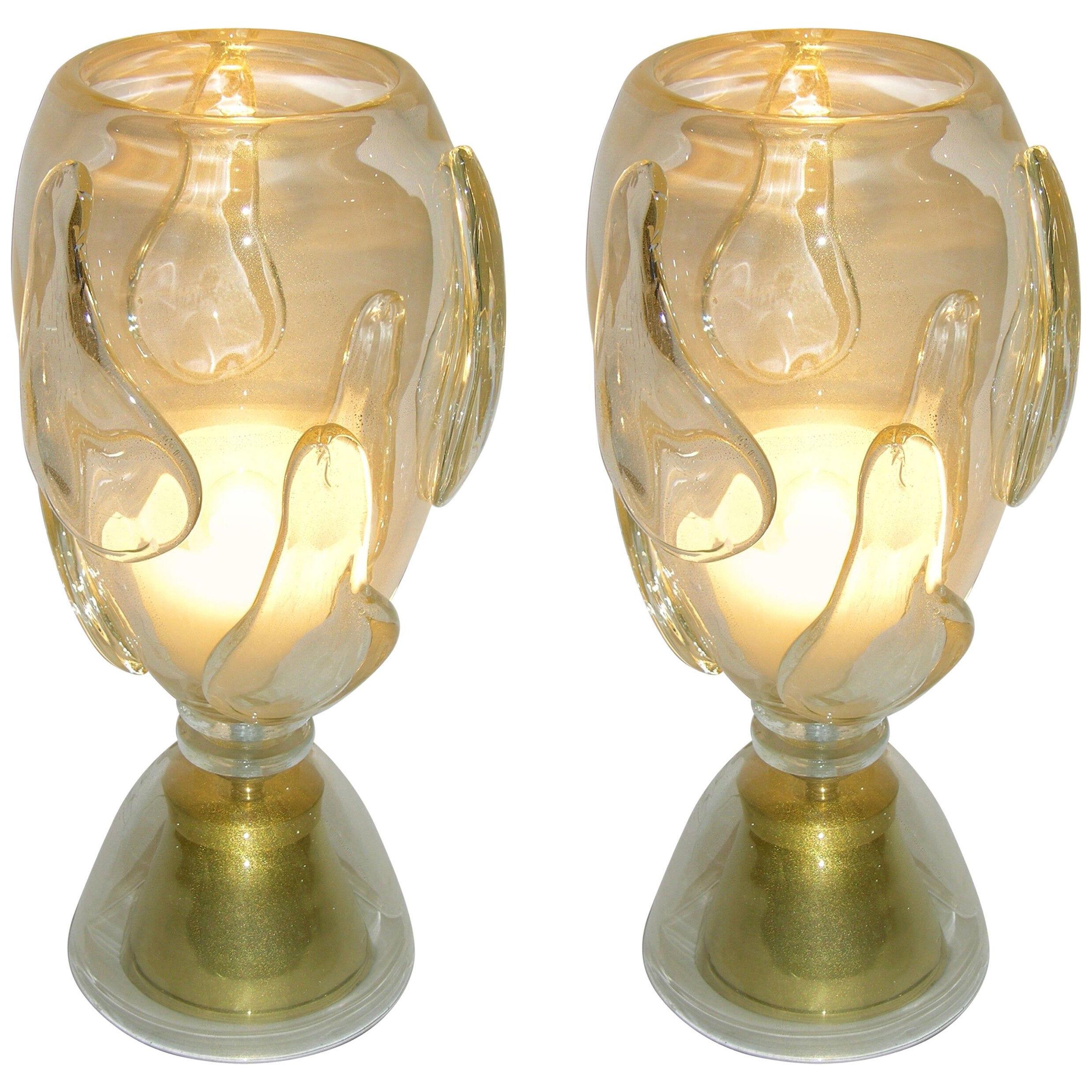 Constantini 1980s Italian Pair of Modern Brass and Gold Murano Glass Lamps