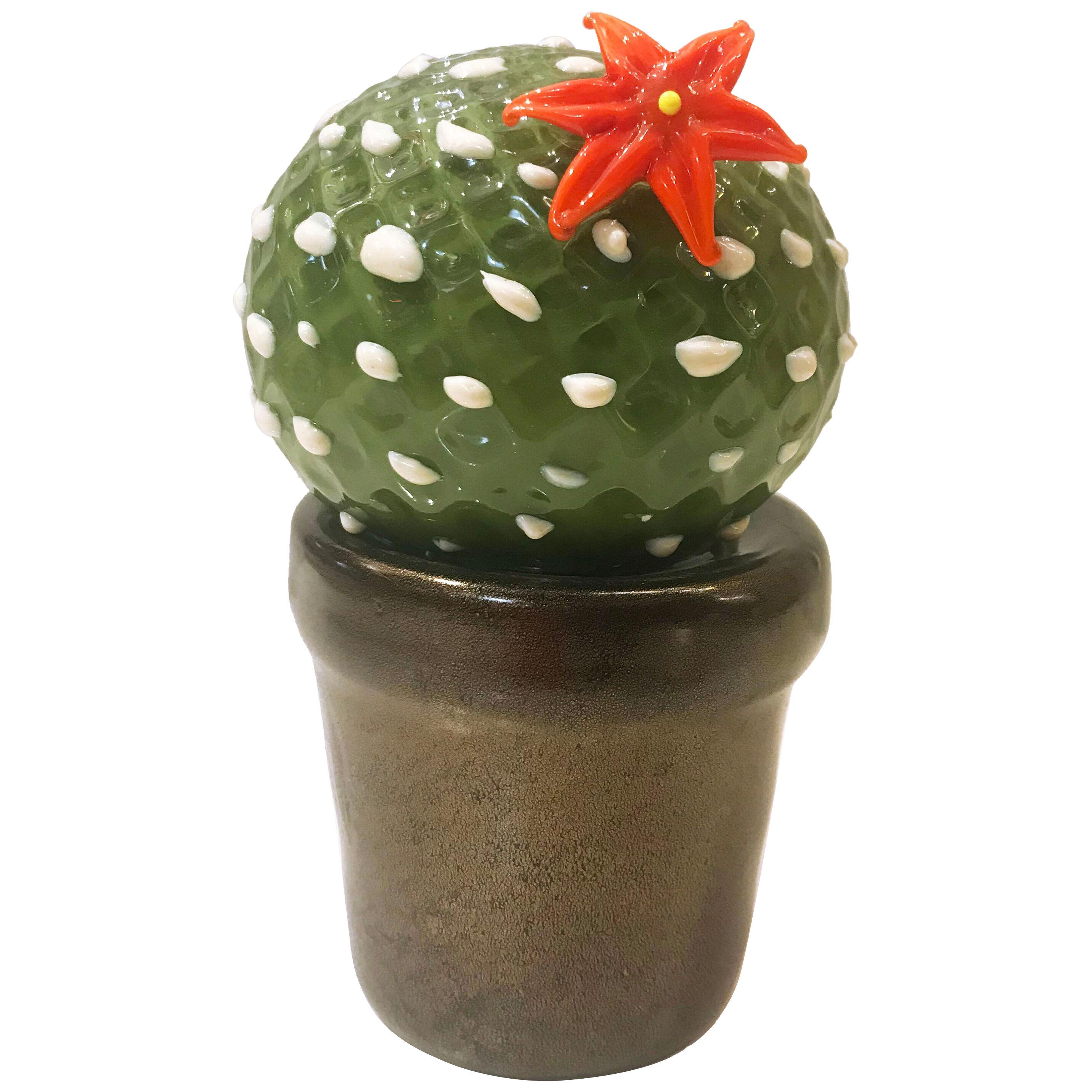 2000s Italian Moss Green White Murano Art Glass Cactus Plant with Red Flower 