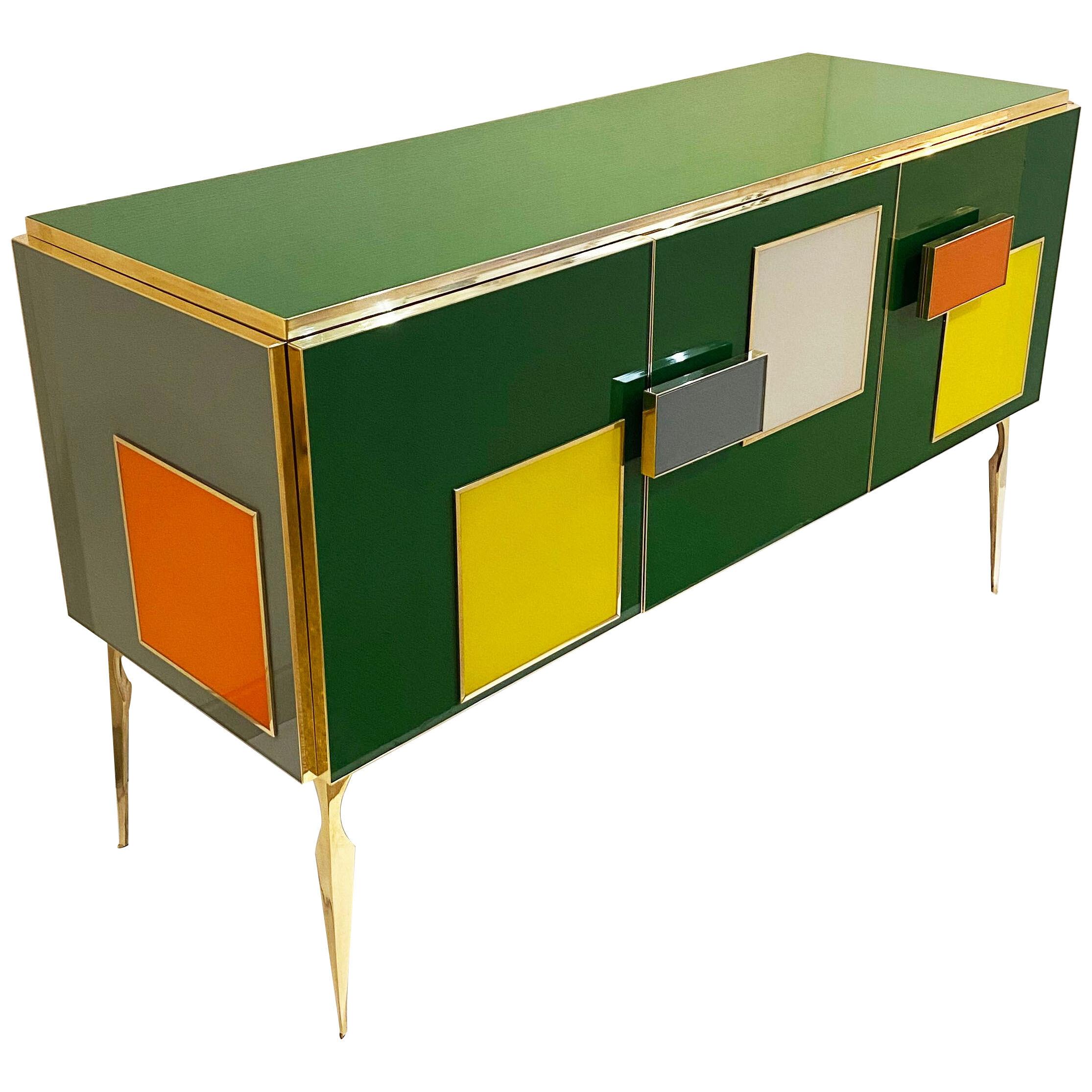 Bespoke Italian Green Orange Yellow Gray Geometric Postmodern Cabinet/Sideboard
