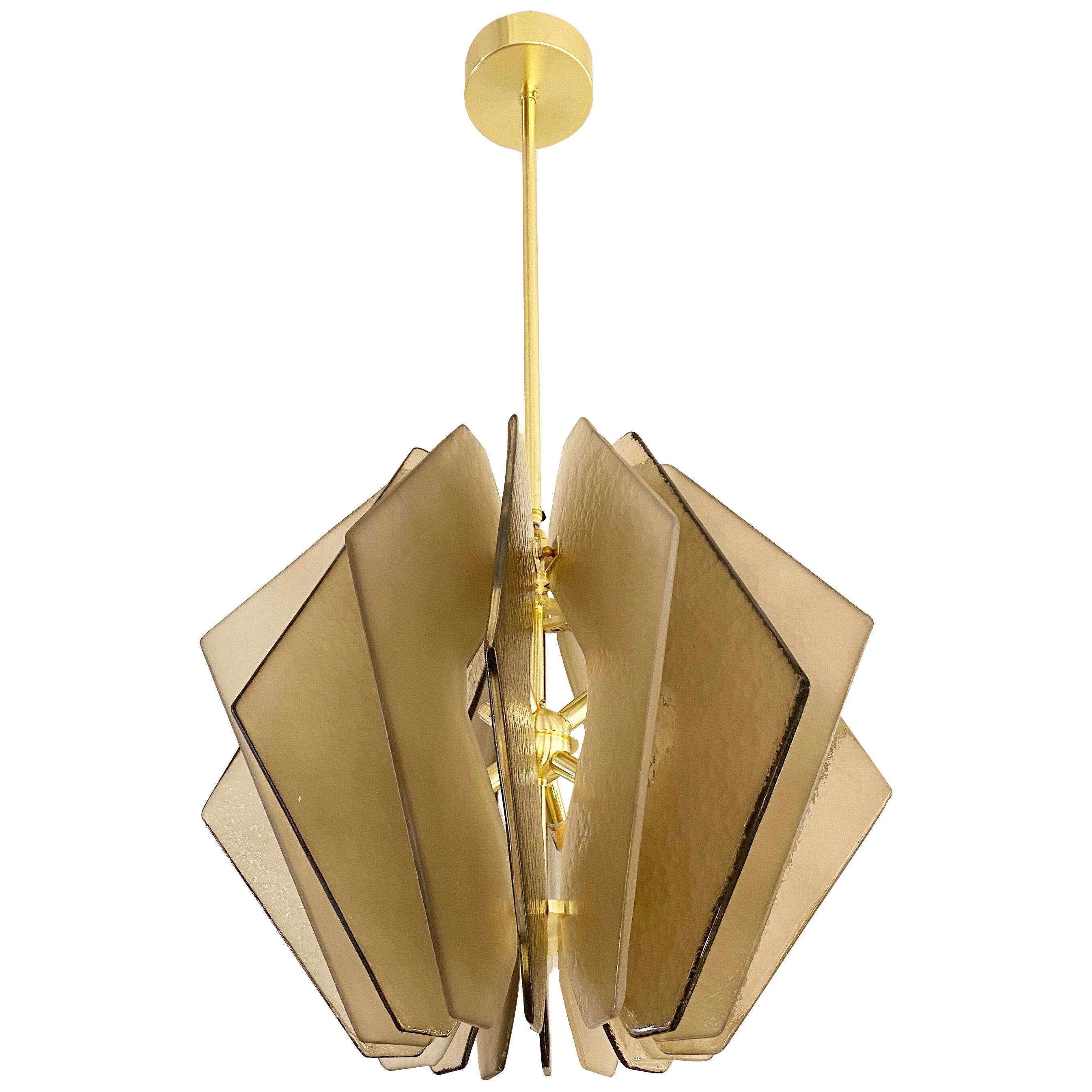 Contemporary Italian Beige Textured Murano Glass Satin Brass Pendant/Chandelier
