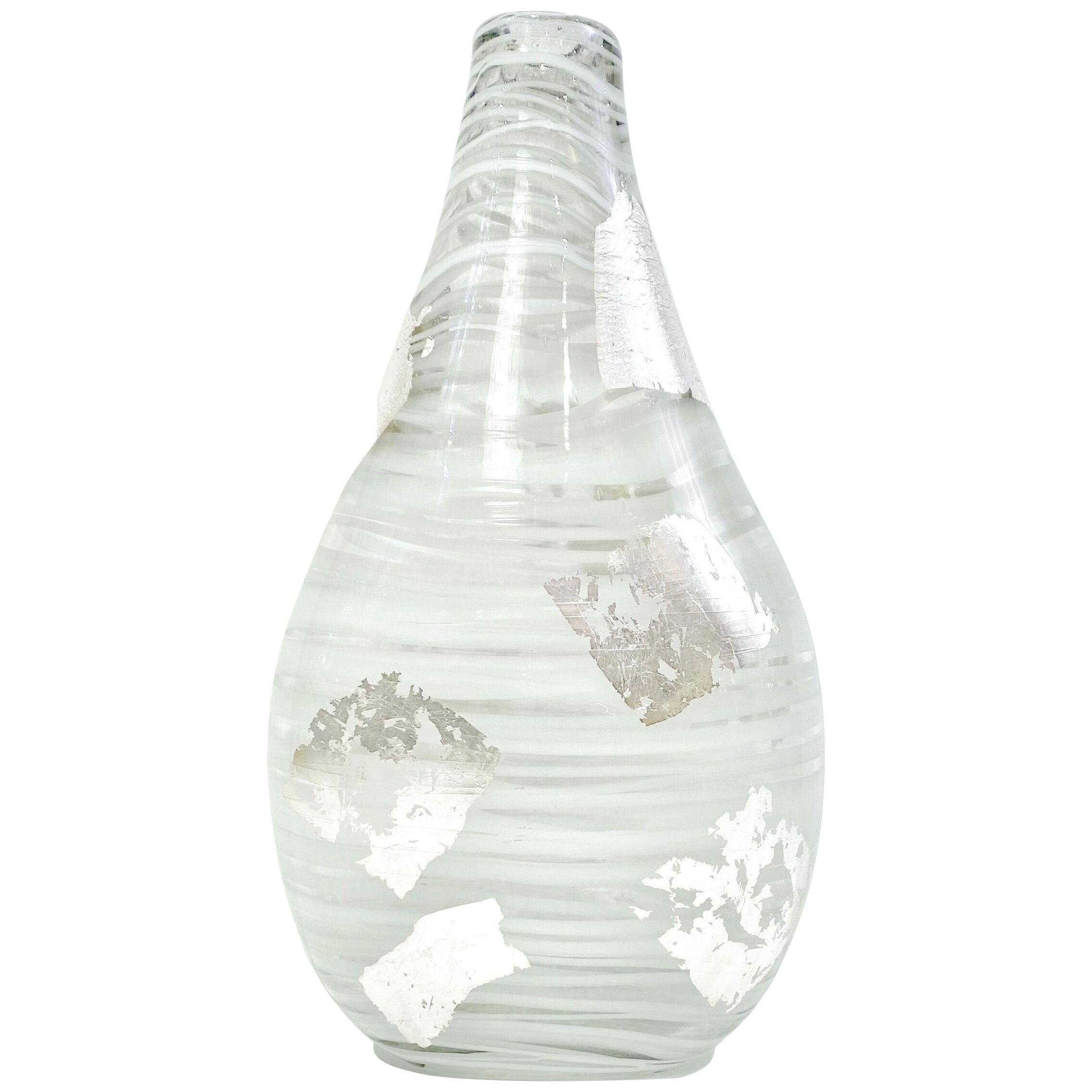 Italian Art Deco Style Silver Leaf White Clear Murano Glass Sculpture Vase