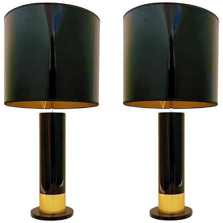 Spanish Art Deco Design Pair of Black Brown Veneer & Gold Leaf Cylindrical Lamps