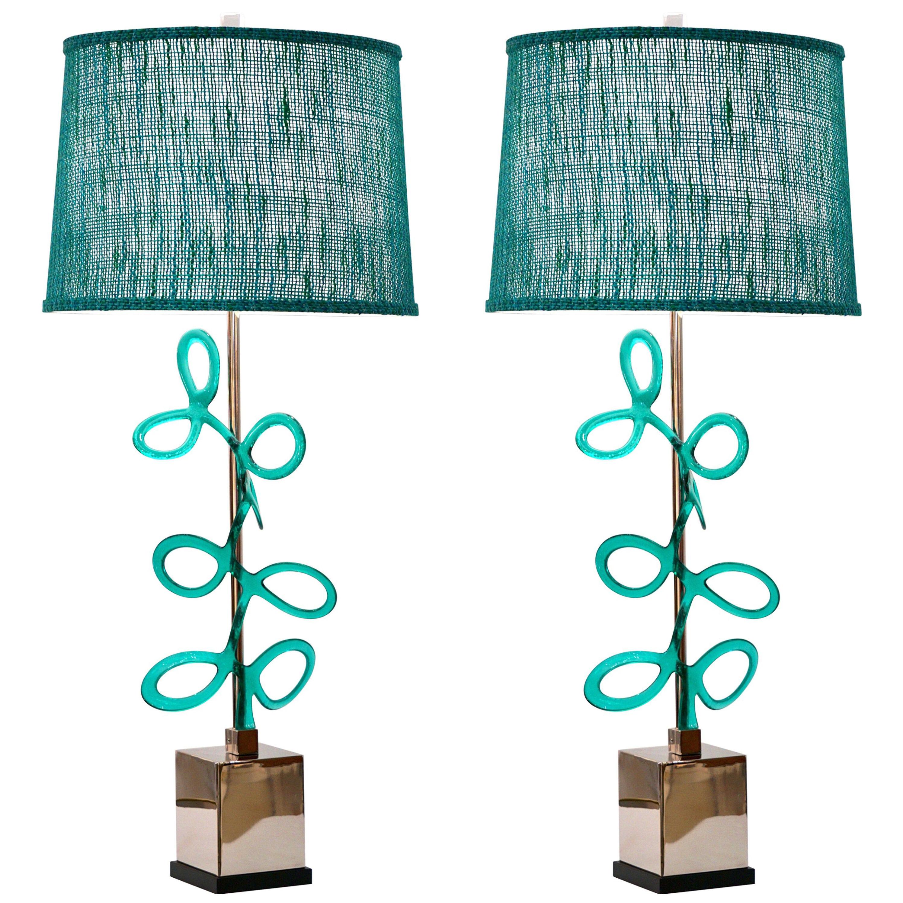 Italian Pair of Silver Color Nickel Lamps with Aqua Blue Murano Glass Swirls
