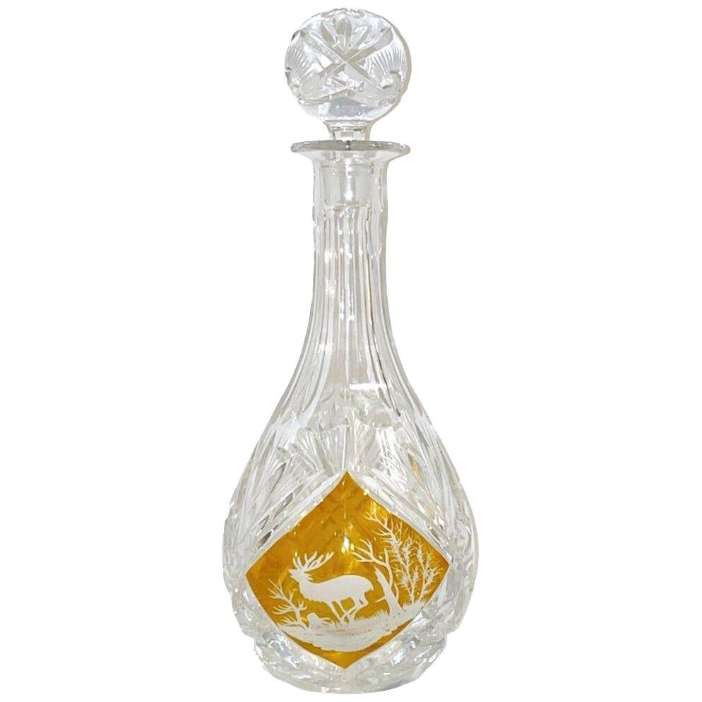 1970s Vintage Austrian Animal Engraved Overlaid Gold Amber Glass Liqueur Bottle 