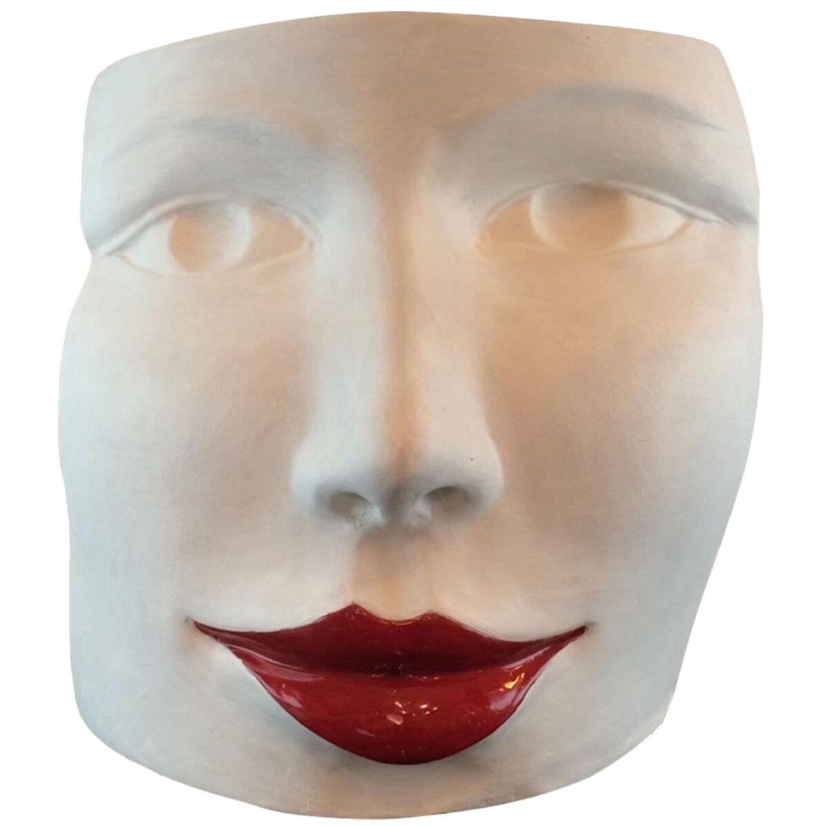"Red Lips Face," Terra Cotta Sculpture by Ginestroni