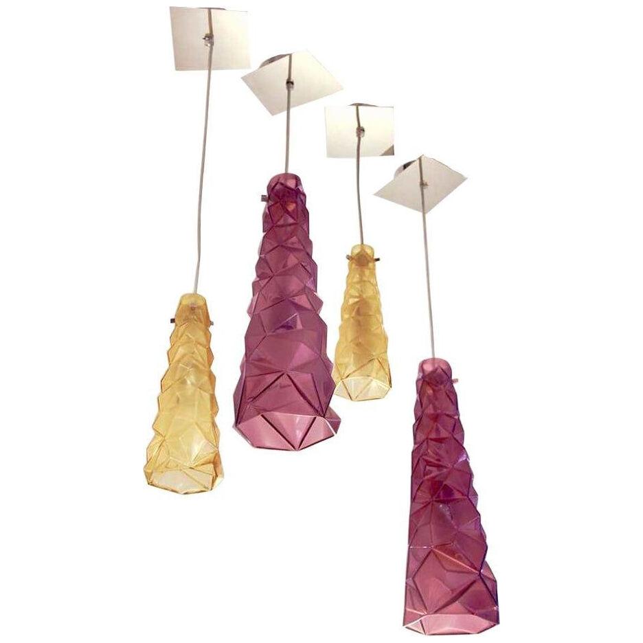 Contemporary Four Italian Diamond-Cut Purple and Yellow Murano Glass Pendants