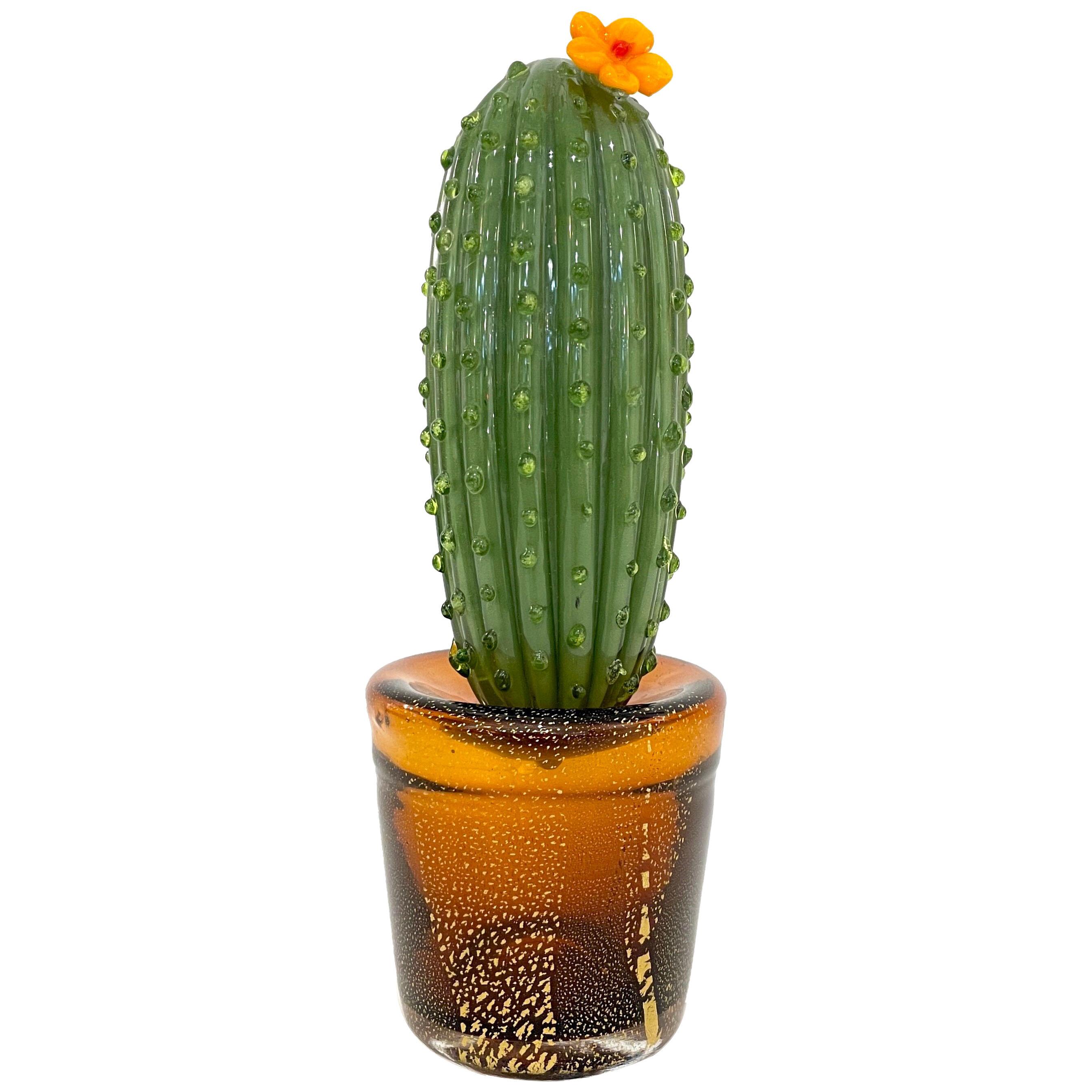 1990s Vintage Italian Green Murano Glass Tall Cactus Plant with Orange Flower