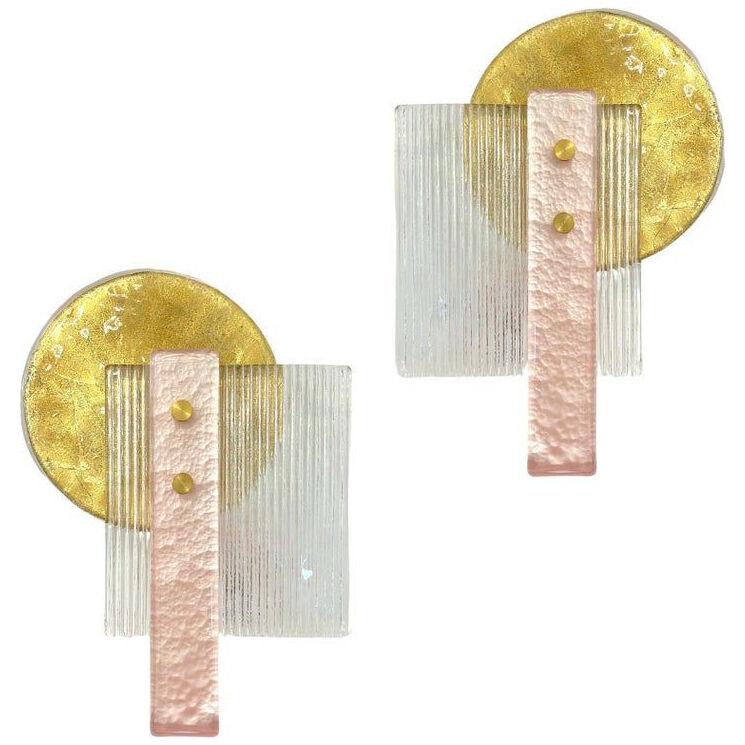 Italian Pair of Art Deco Style Textured Gold Pink & Crystal Murano Glass Sconces