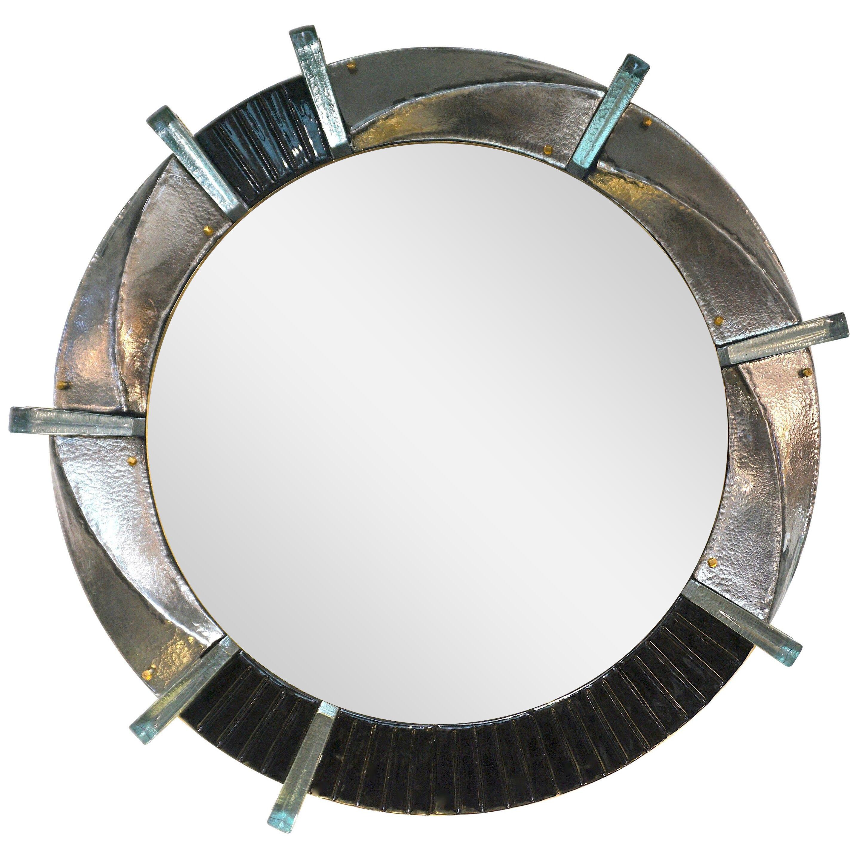 Bespoke Organic Modern Italian Black Silver Aqua Murano Glass Brass Round Mirror