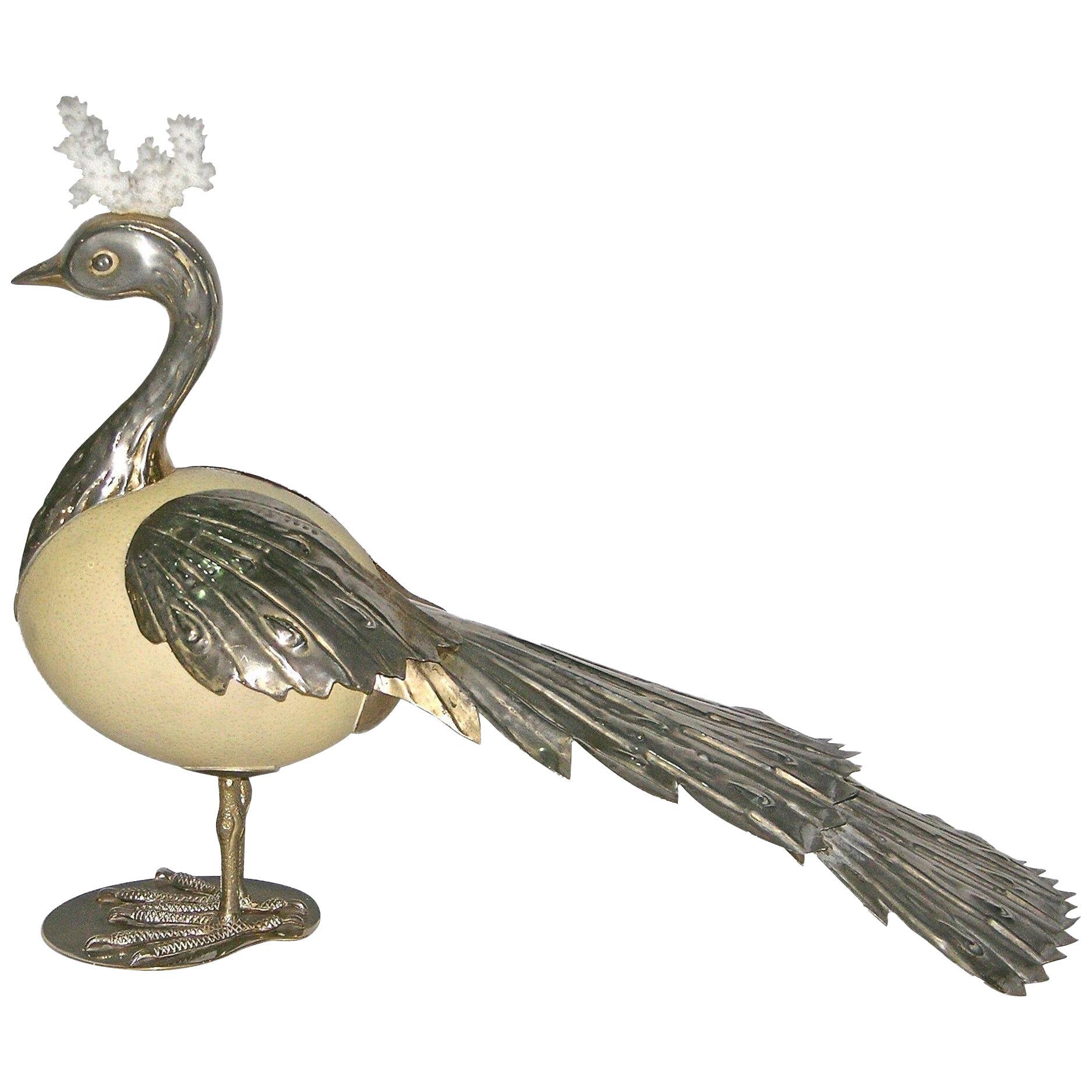Antonio Pavia 1970s Italian Silver Plated Bird Sculpture with White Coral	