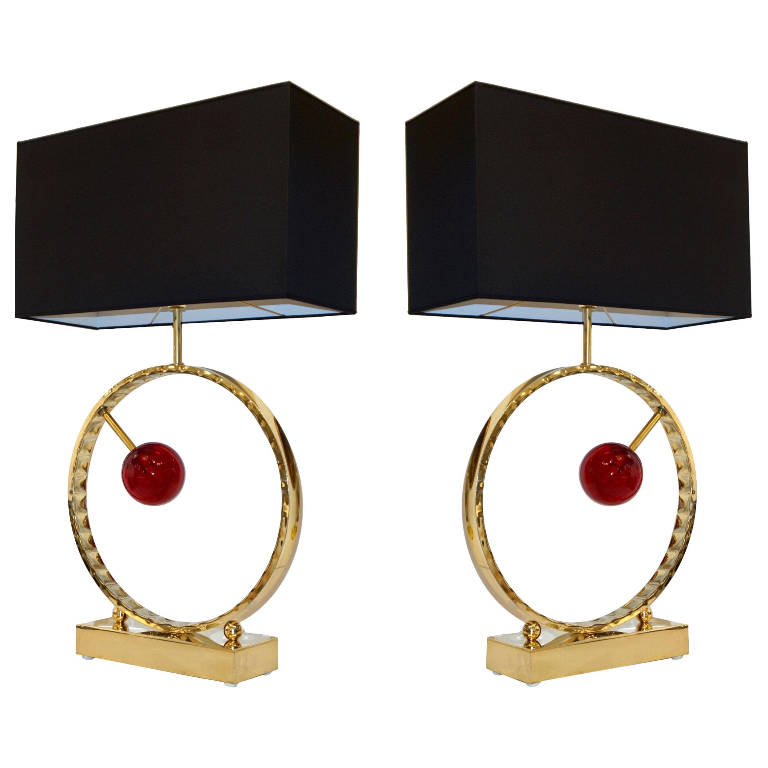 Contemporary Italian Monumental Pair of Brass & Red Murano Glass Console Lamps
