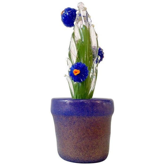 2000s Italian Moss Green Gold Murano Art Glass Cactus Plant with Blue Flowers 