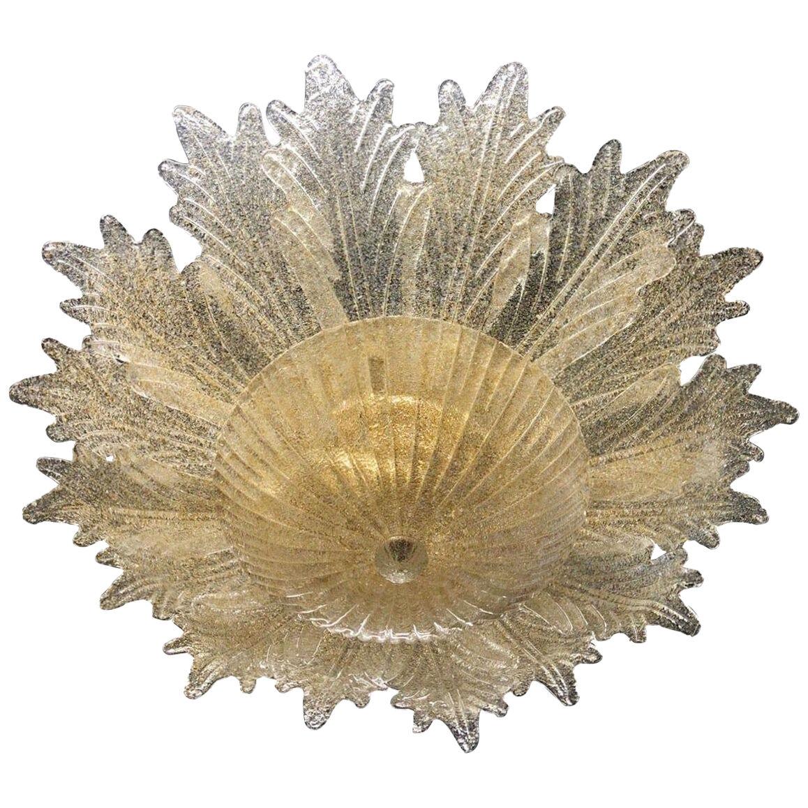Contemporary Italian Custom Amber Textured Murano Glass Flower Flush Mount	
