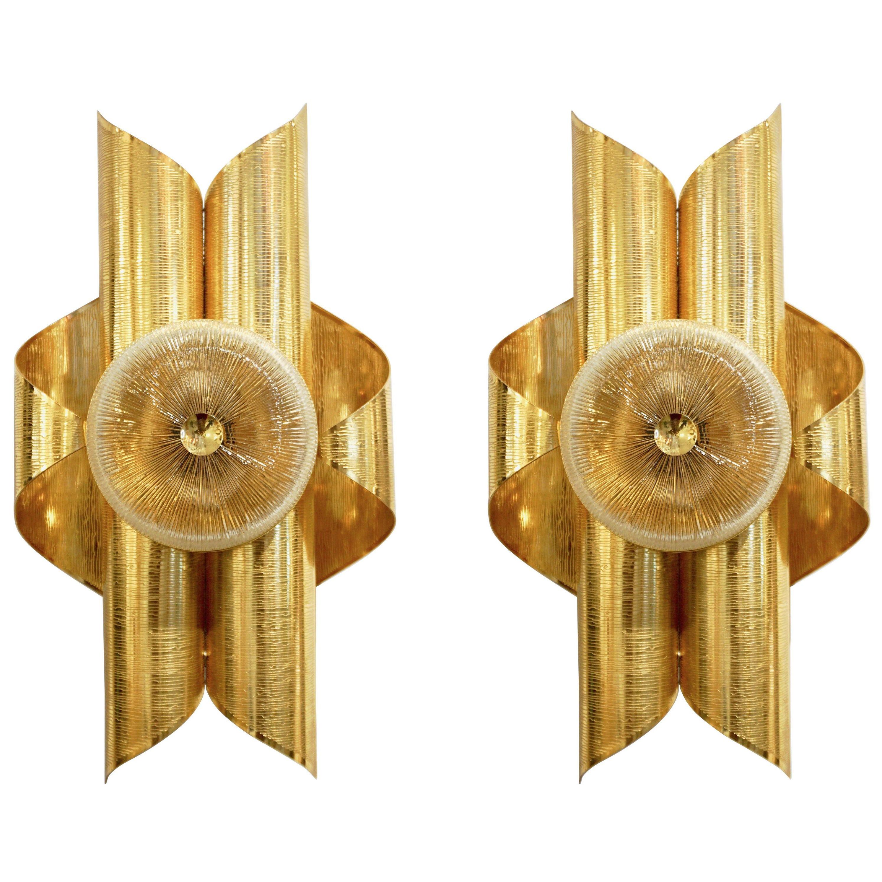 Vintage Late 1970s Modern Design Pair of Folded Brass and Clear Glass Sconces