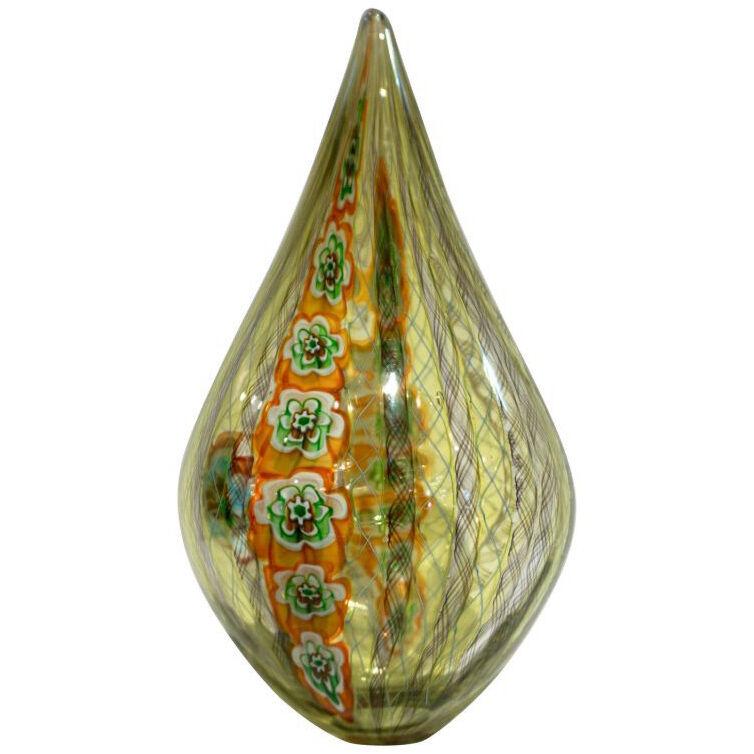 F. Tagliapietra Italian Green Yellow Orange Murano Glass Drop Sculpture Vase