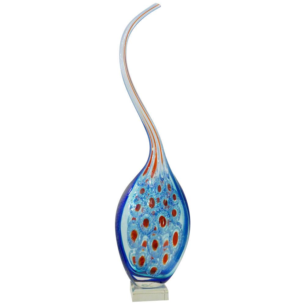 Dona Modern Art Murano Glass Sapphire Blue Sculpture Vase with Red White Murrine