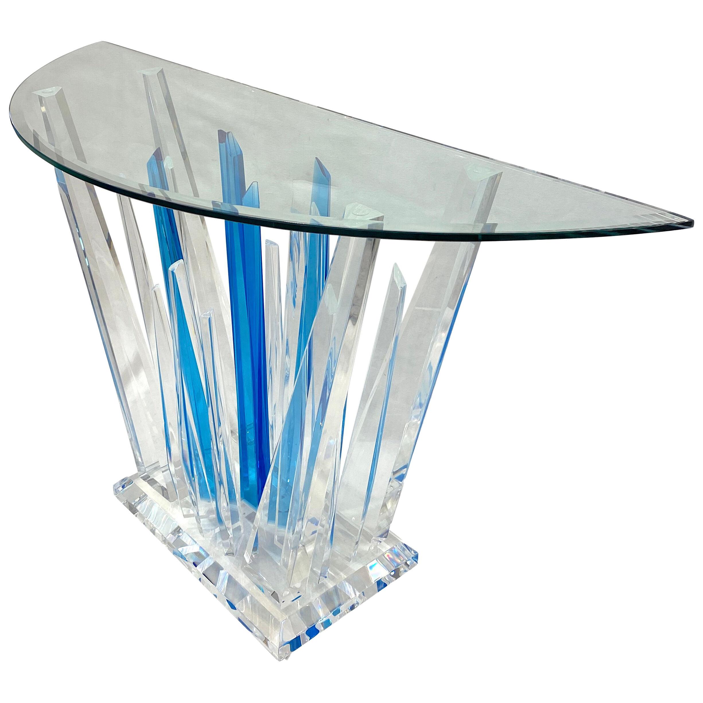 Half Moon Acrylic Blue Clear Abstract Console with Clear Bevelled Glass Top