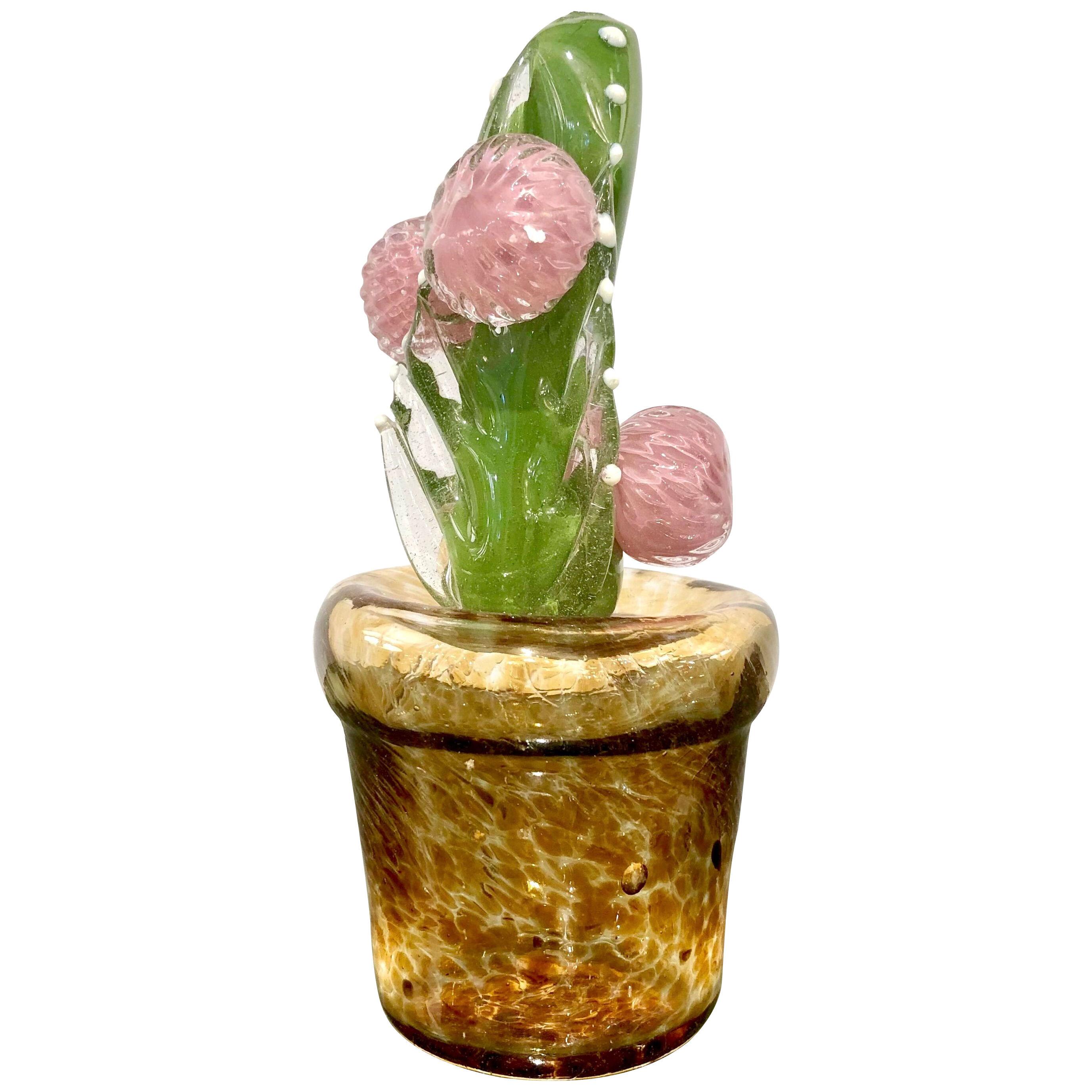 2000s Italian Green Murano Art Glass Cactus Plant with Pink Flowers in Amber Pot