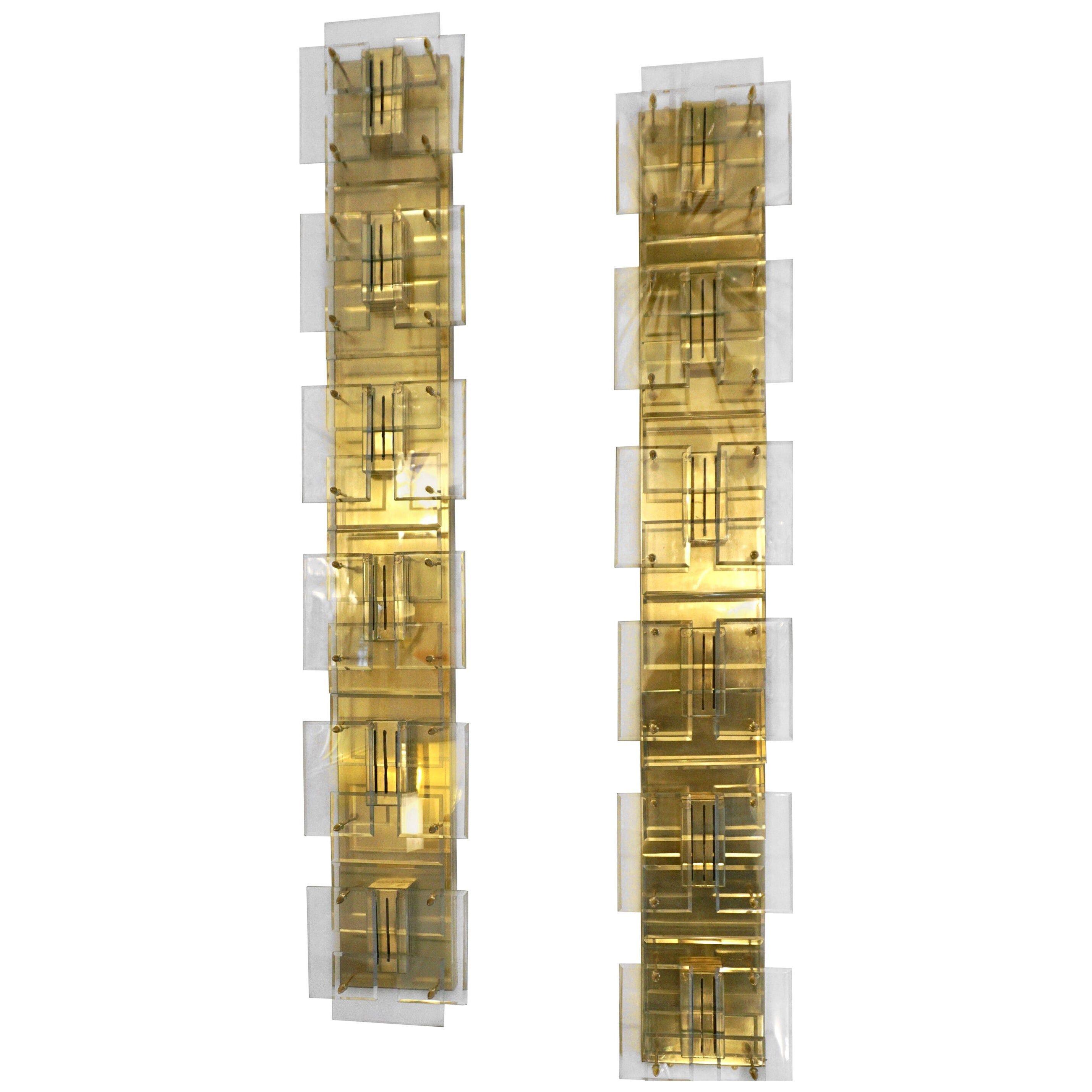 1980s Italian Pair of Modern Aqua Tint Glass Gold Brass Tall Sconces/Flushmounts