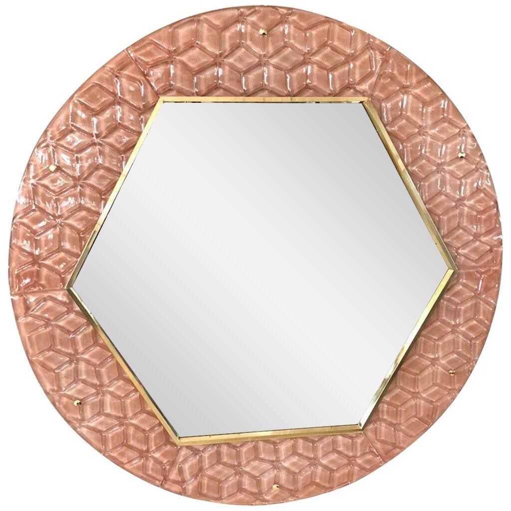 Bespoke Italian Custom Brass and Textured Pink Murano Glass Modern Round Mirror