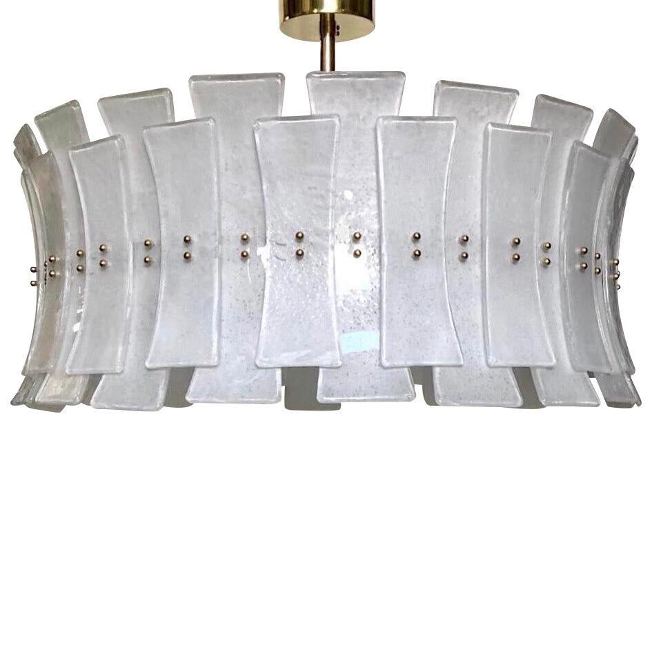 Italian Contemporary Art Deco Design White Frosted Murano Glass Drum Chandelier