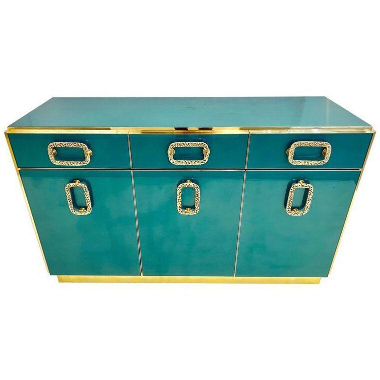 Bespoke Italian Art Design Brass Metallic Emerald Blue Glass Dresser Sideboard